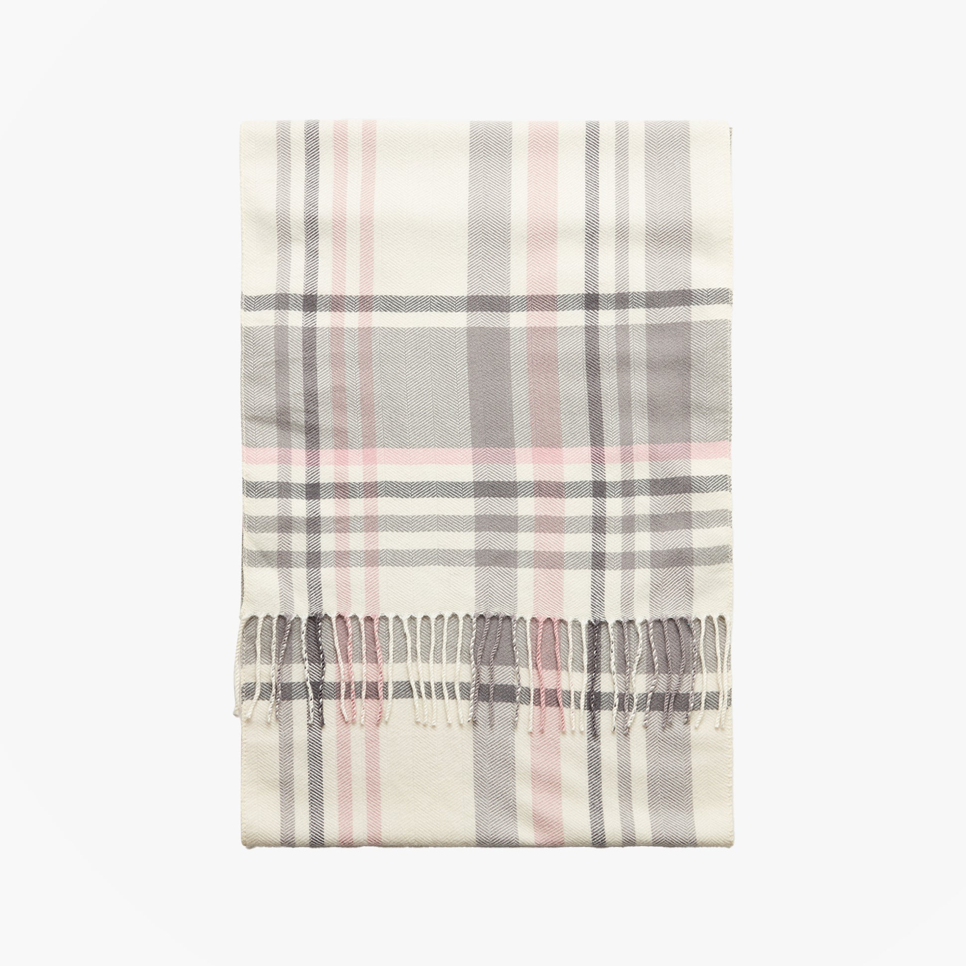 Joules LANGTREE Womens Scarf Pink/Grey flat view showcasing the plaid design with fringed edges.