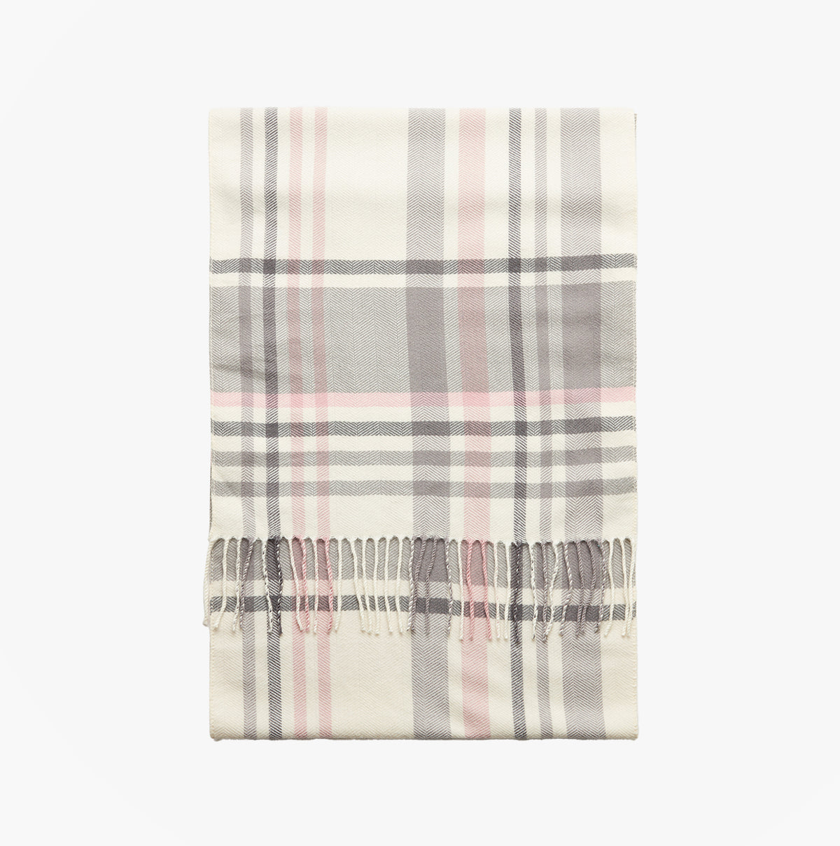 Joules LANGTREE Womens Scarf Pink/Grey flat view showcasing the plaid design with fringed edges.