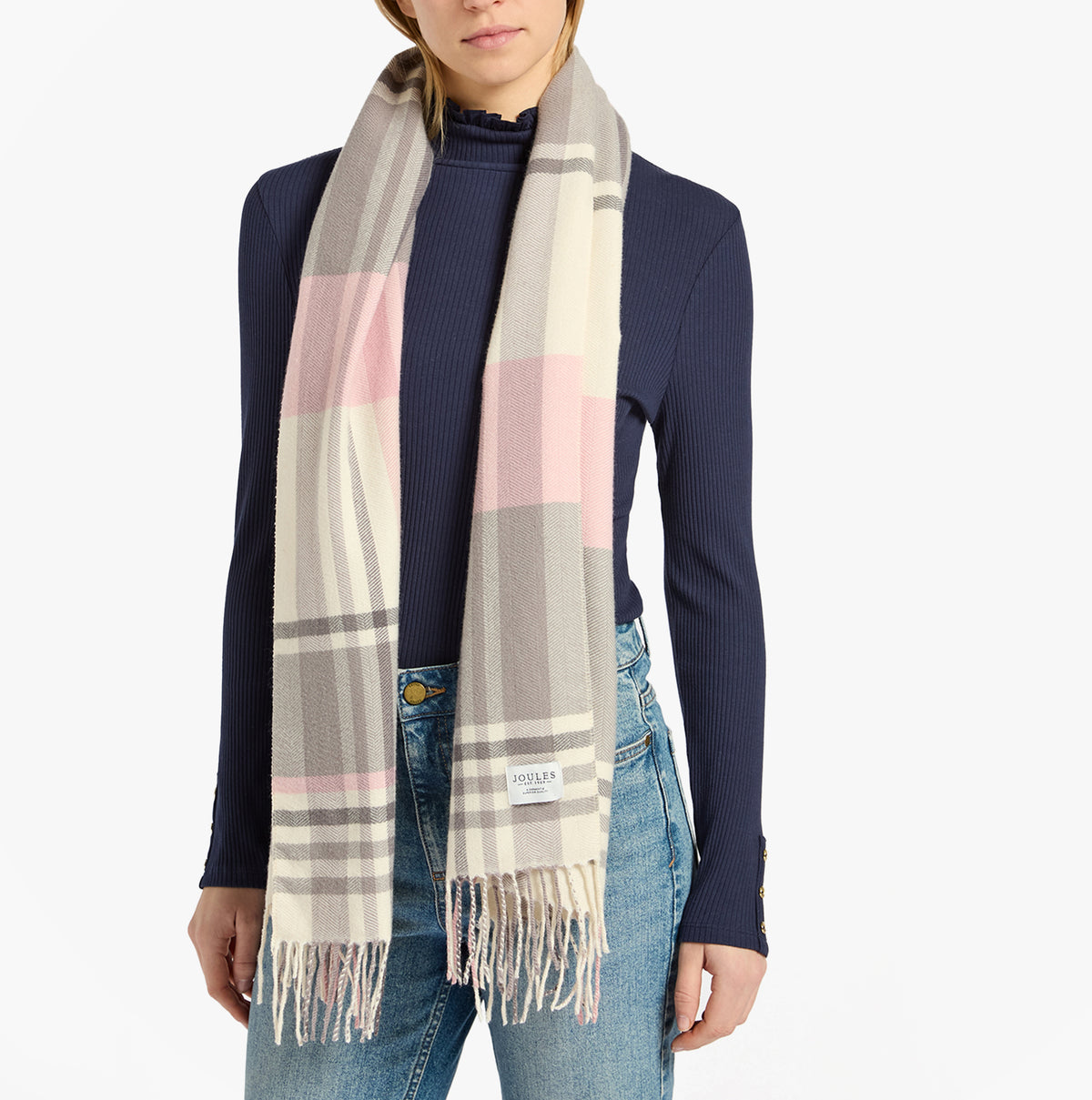 Joules LANGTREE Womens Scarf Pink/Grey front view on model, showcasing soft fabric and stylish fringe details.