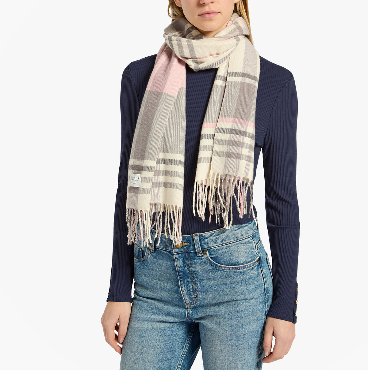 Joules LANGTREE Womens Scarf Pink/Grey front view showcasing soft plaid design and fringing details.