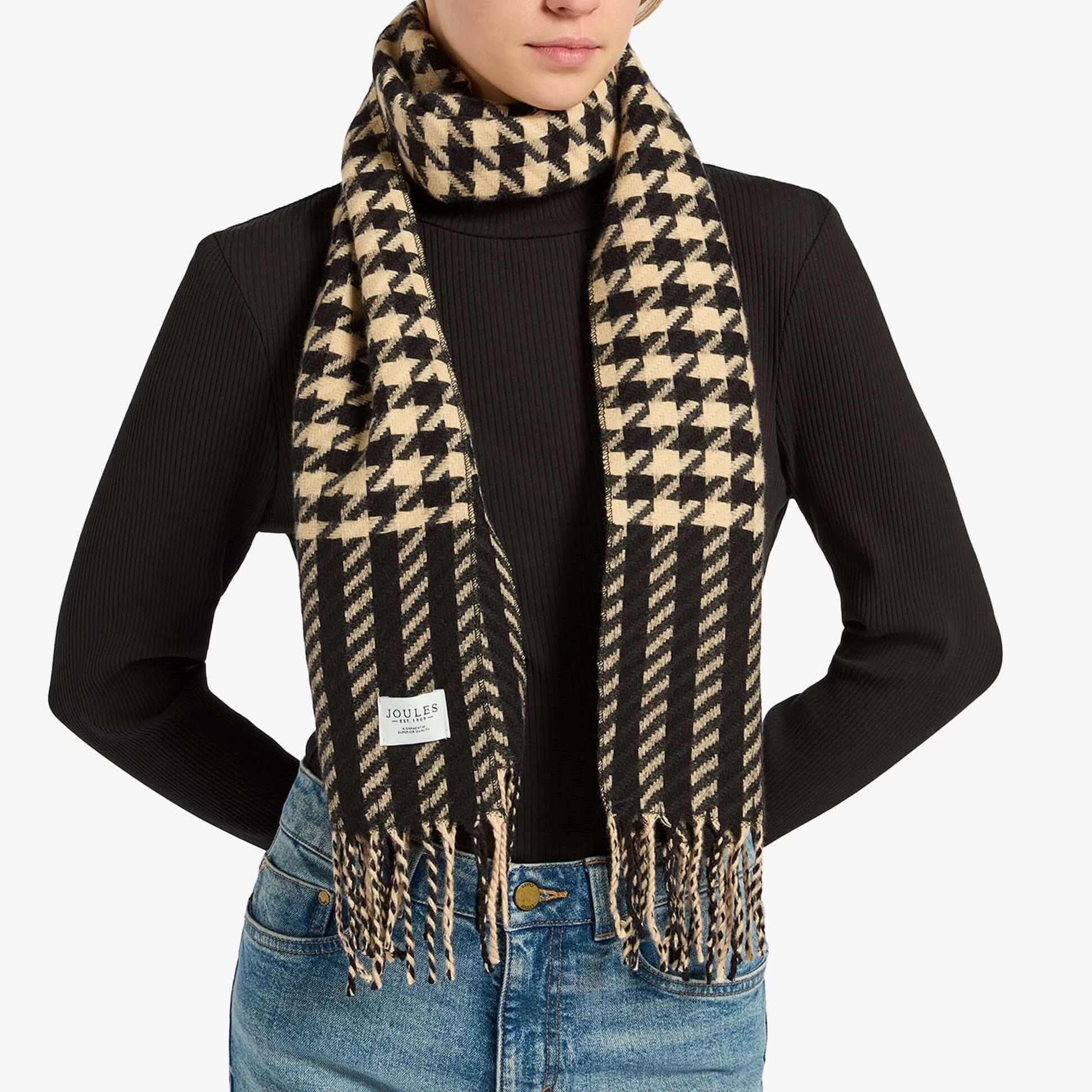Joules LANGTREE Womens Winter Black/Tan scarf front view showcasing houndstooth pattern and fringes