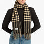 Joules LANGTREE Womens Winter Black/Tan scarf front view showcasing houndstooth pattern and fringes