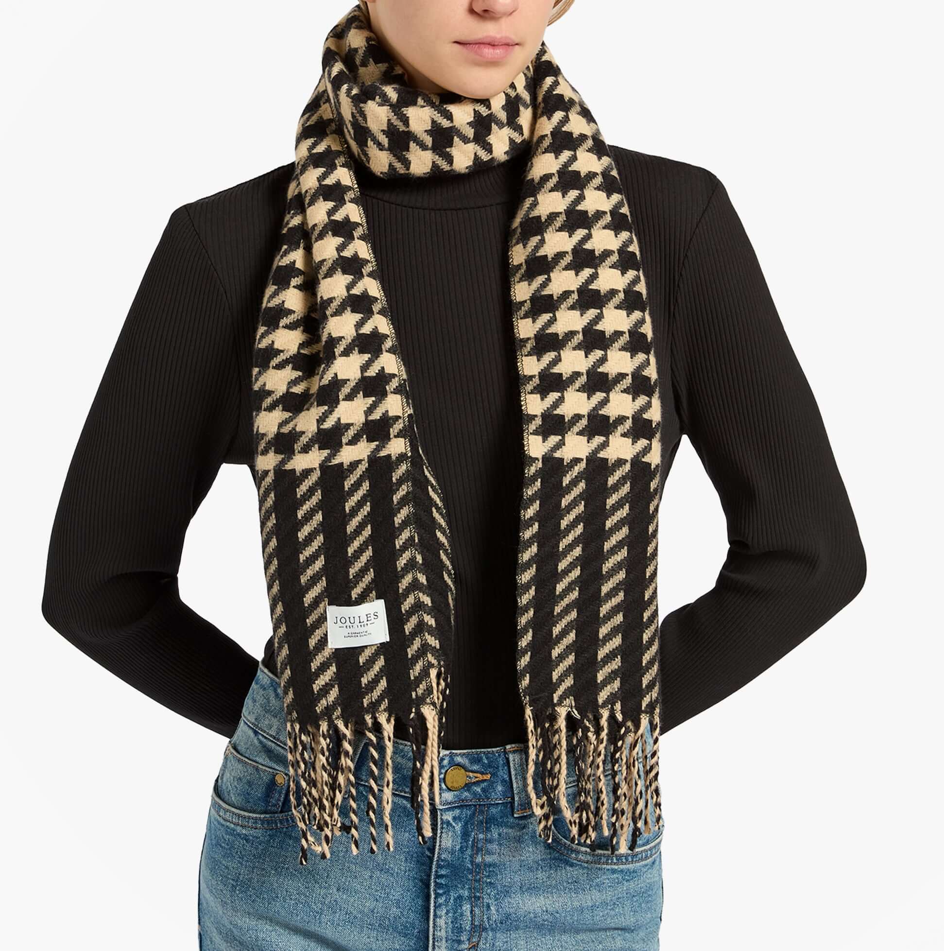Joules LANGTREE Womens Winter Black/Tan scarf front view showcasing houndstooth pattern and fringes