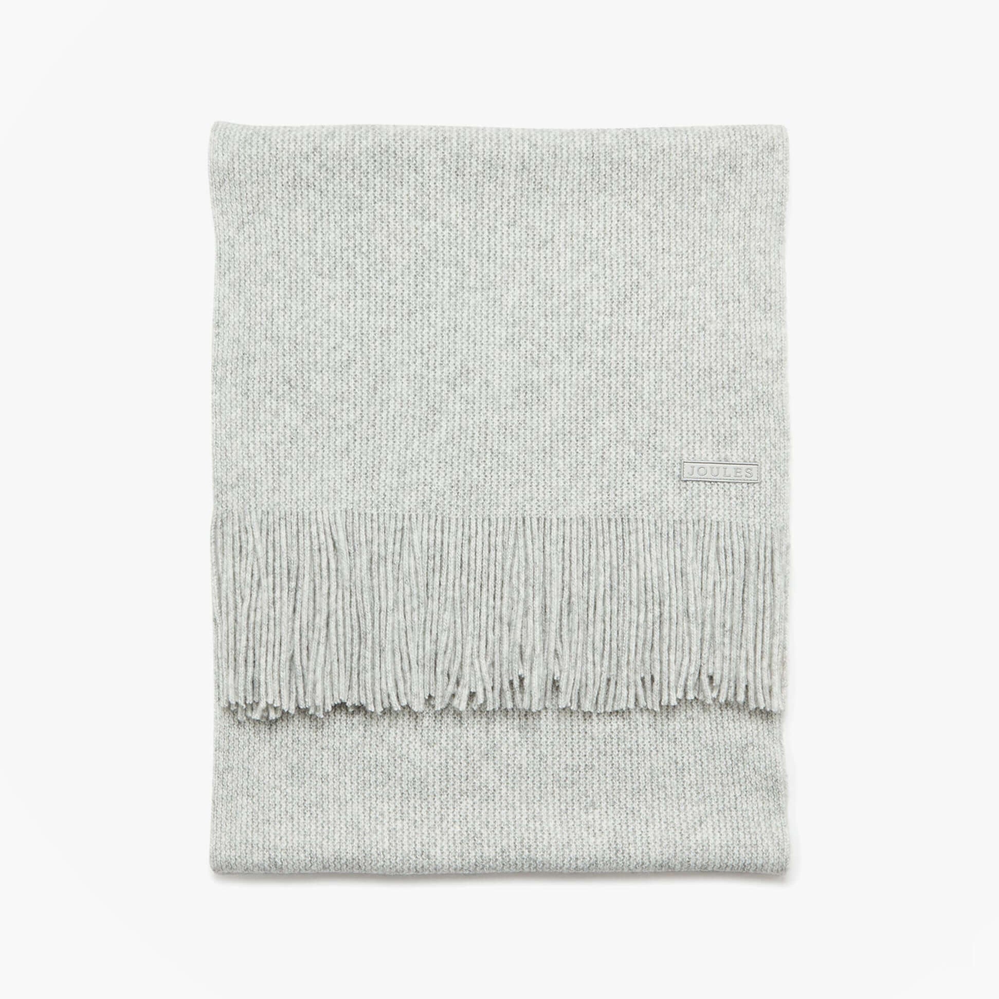 Joules ROSA Womens Winter Grey front view of soft scarf with fringes, made of recycled materials.
