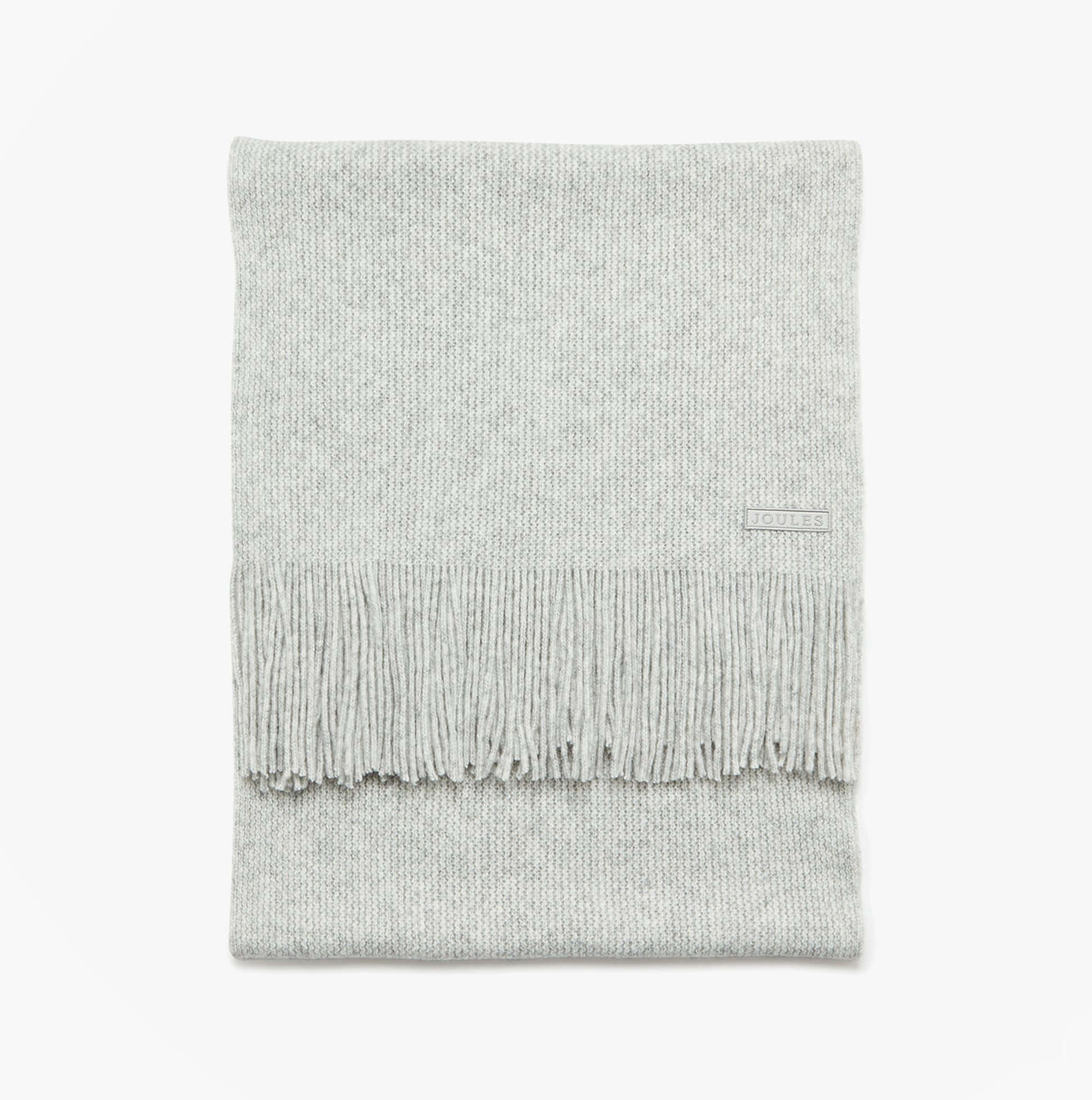 Joules ROSA Womens Winter Grey front view of soft scarf with fringes, made of recycled materials.