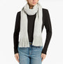 Joules ROSA Womens Winter Grey front view of a light grey scarf worn with a black top and jeans.