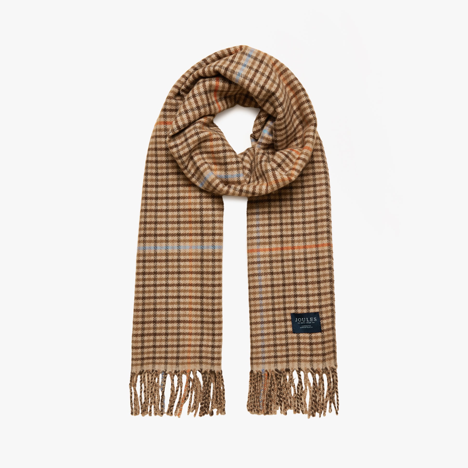 Joules LANGTREE Womens Scarf Tan Brown, front view, showcasing a plaid pattern with fringed edges.
