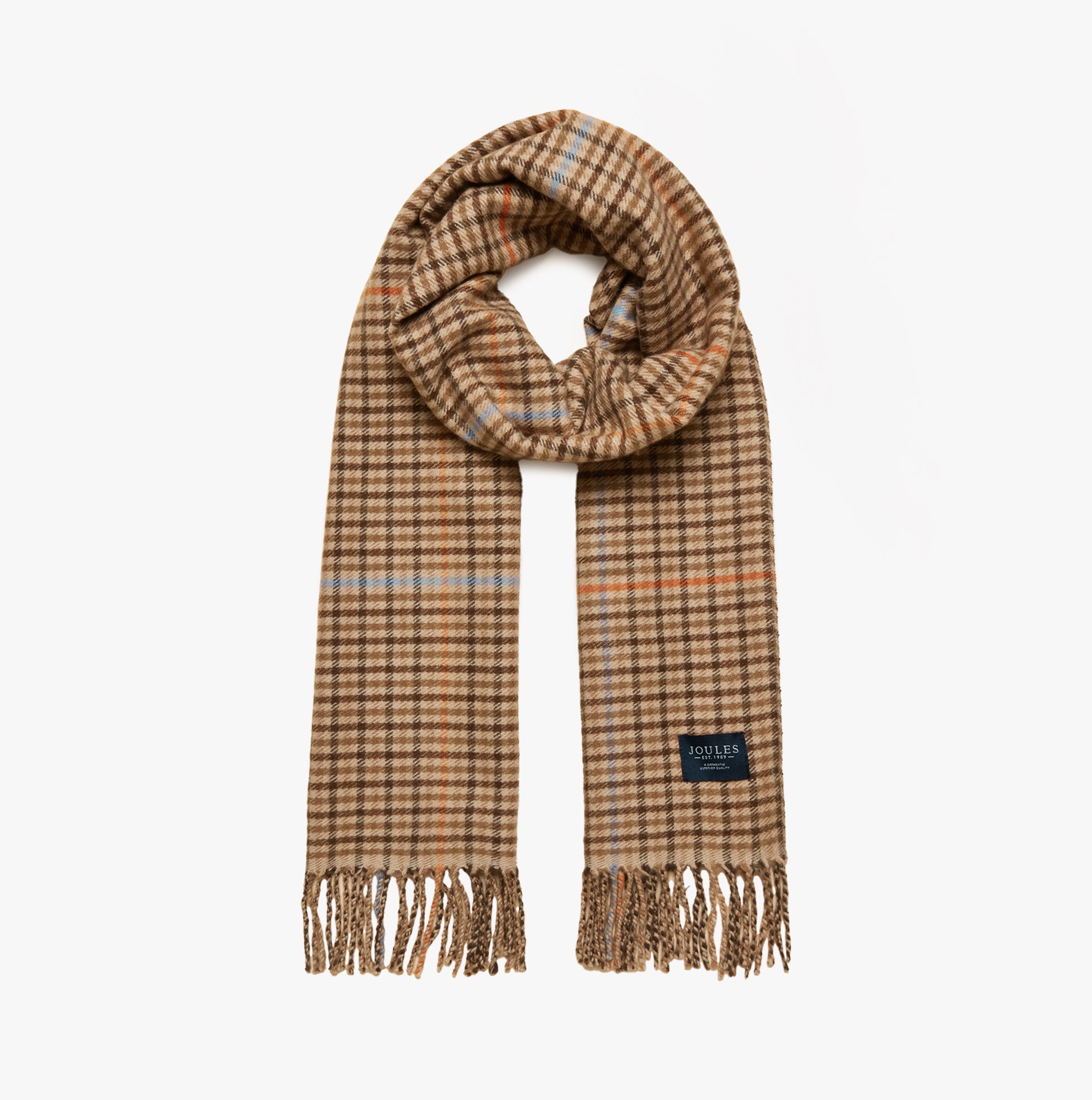 Joules LANGTREE Womens Scarf Tan Brown, front view, showcasing a plaid pattern with fringed edges.
