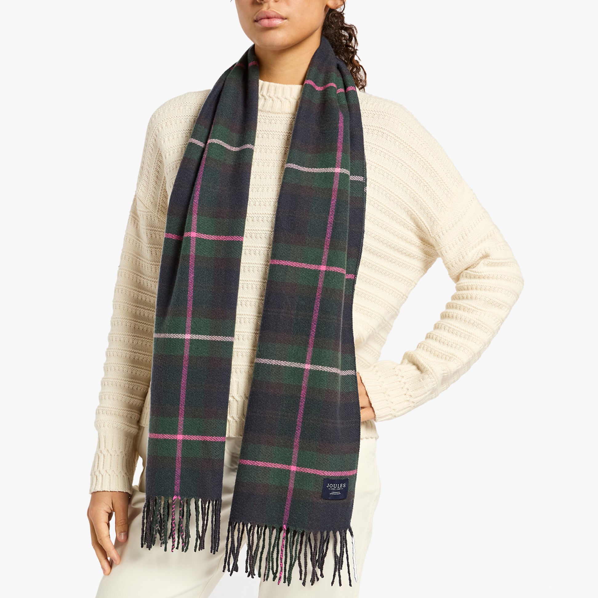 Joules LANGTREE Womens Navy/Pink Scarf front view featuring a model, displayed with fringes.