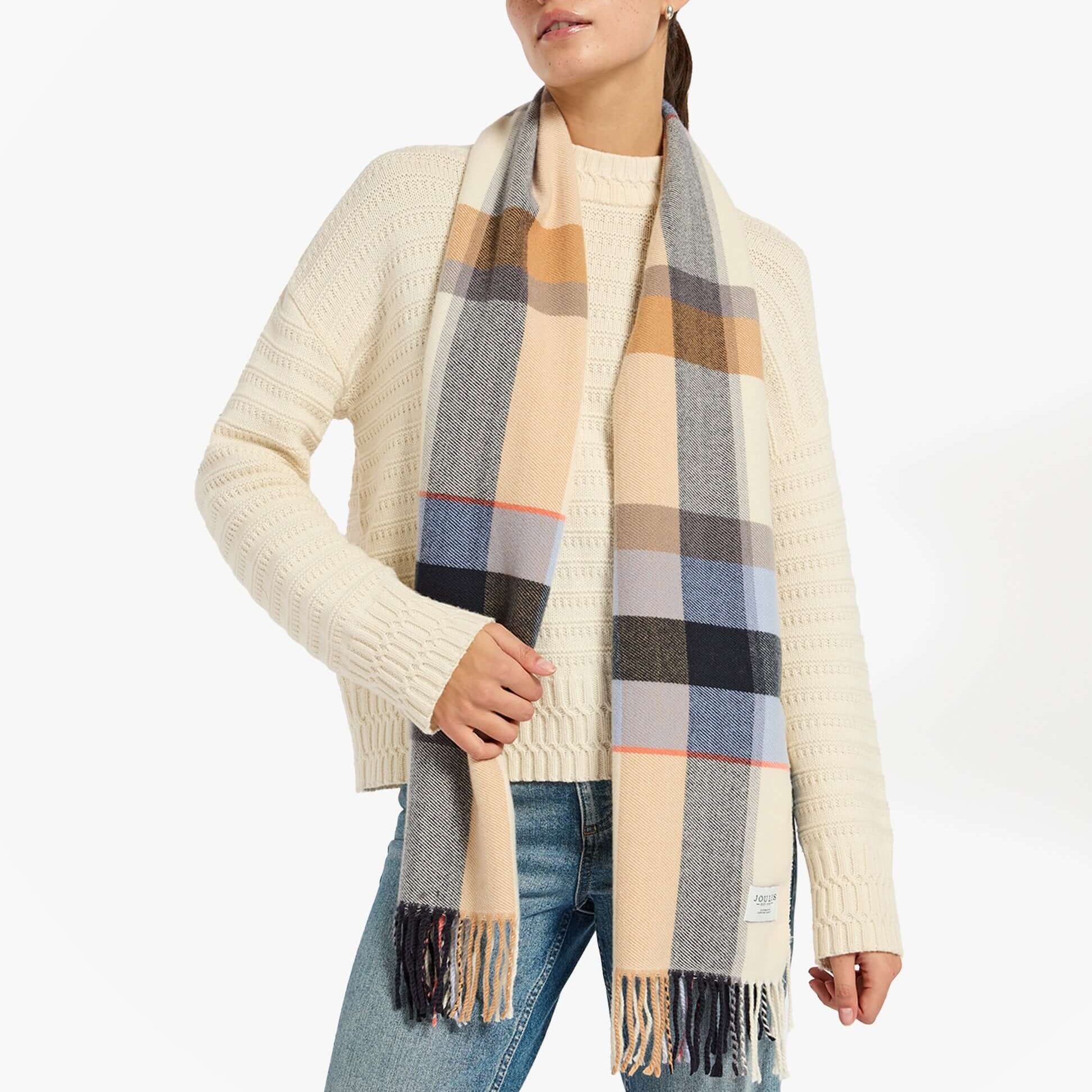 Joules LANGTREE Womens Winter Cream/Blue front view model wearing scarf with cream and blue check design