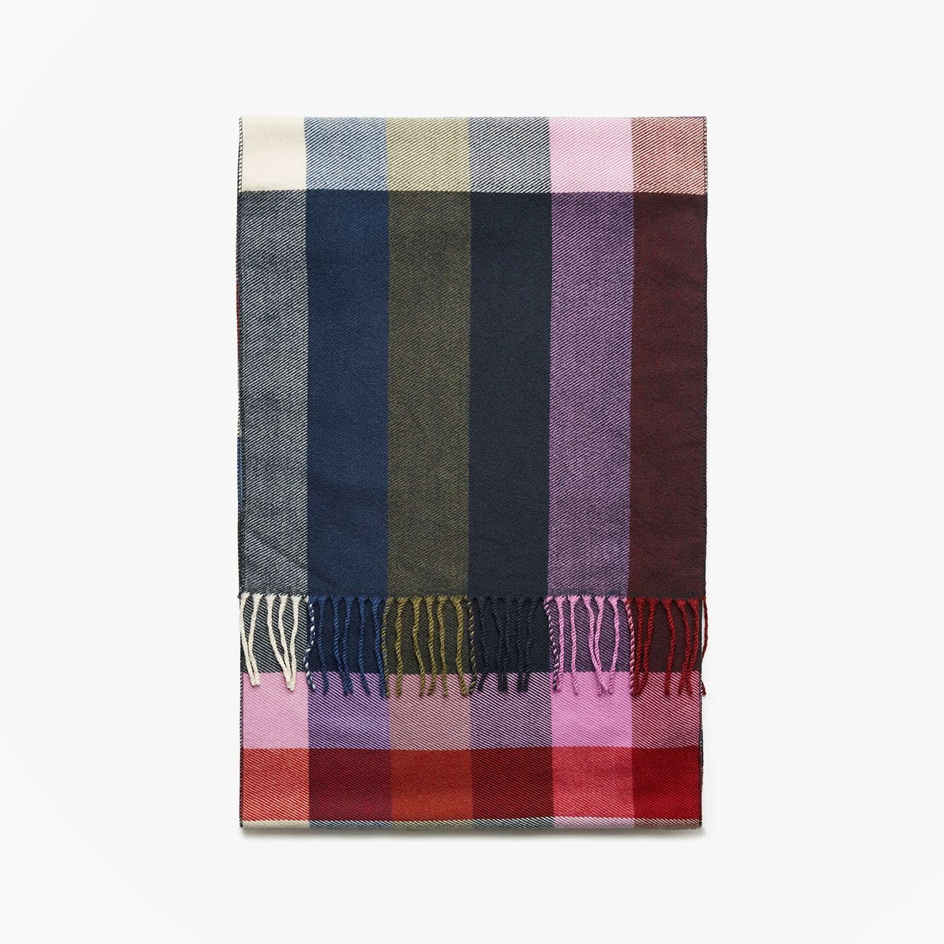 Joules LANGTREE Womens Winter Multi front view of plaid scarf with fringes in various colors.
