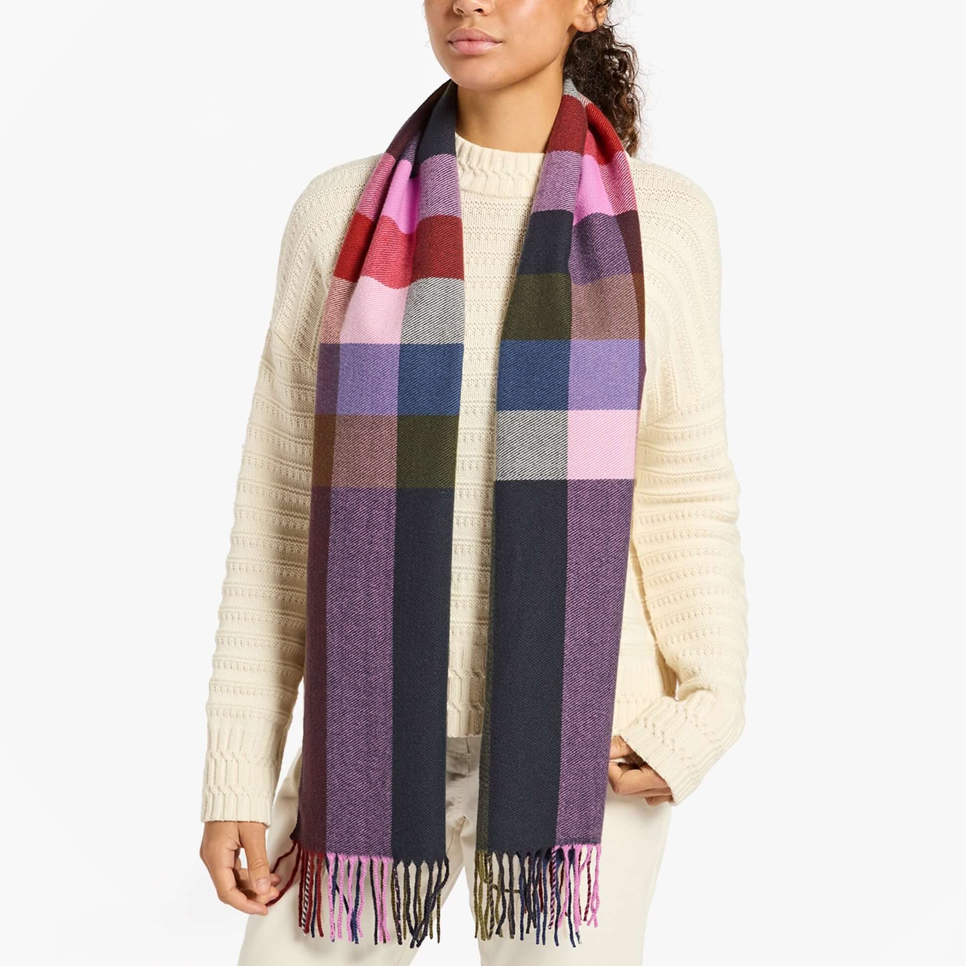 Joules LANGTREE Womens Winter Multi front view of wool blend scarf with check pattern in multiple colors.