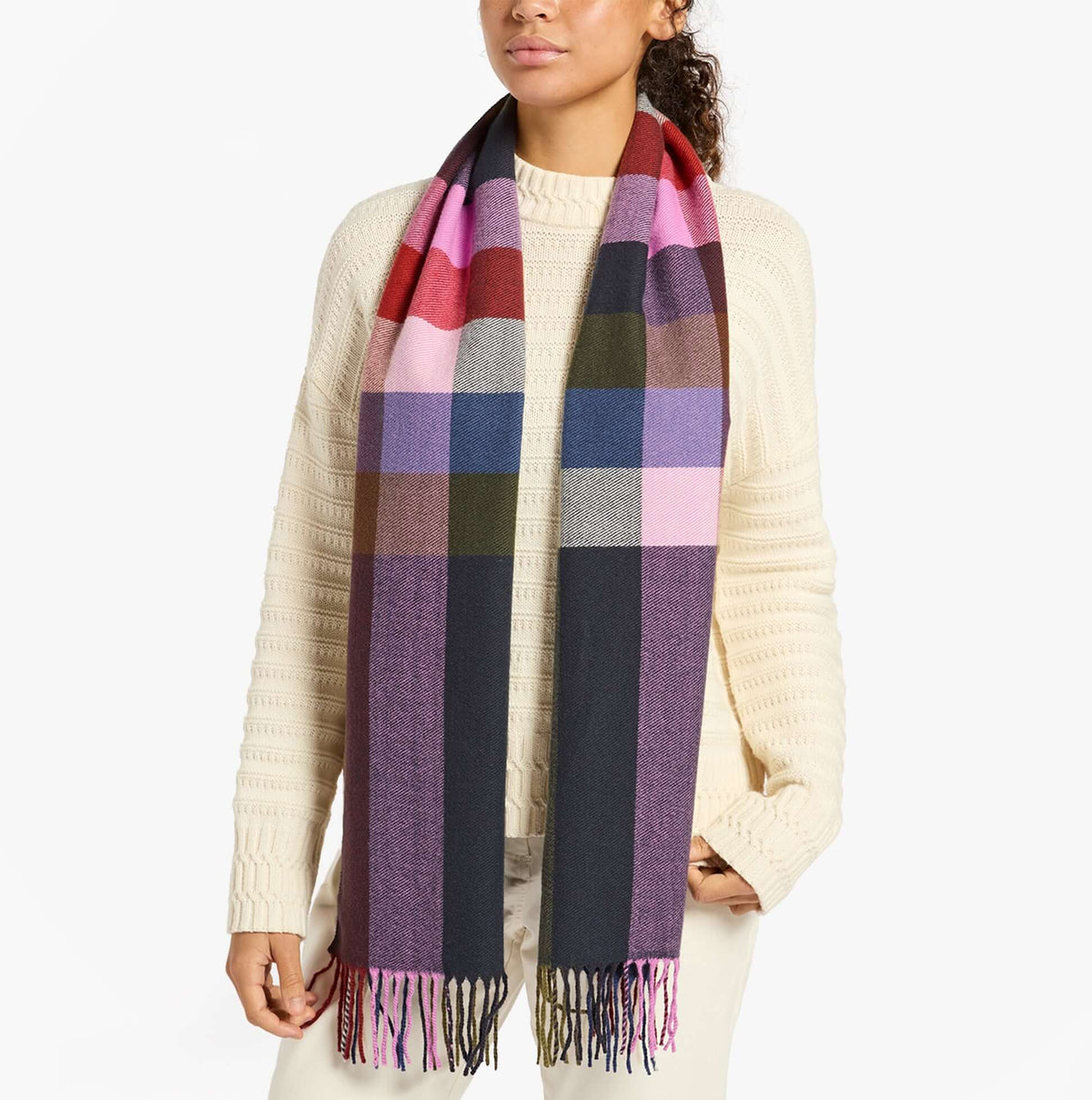 Joules LANGTREE Womens Winter Multi front view of wool blend scarf with check pattern in multiple colors.