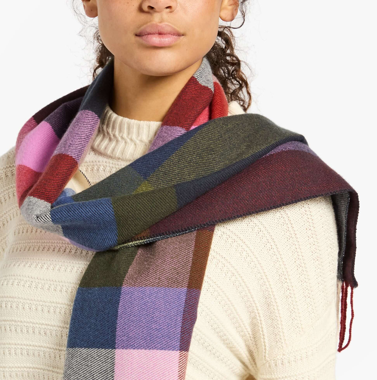 Joules LANGTREE Womens Winter Multi front view showing colorful plaid scarf wrapped around the neck.