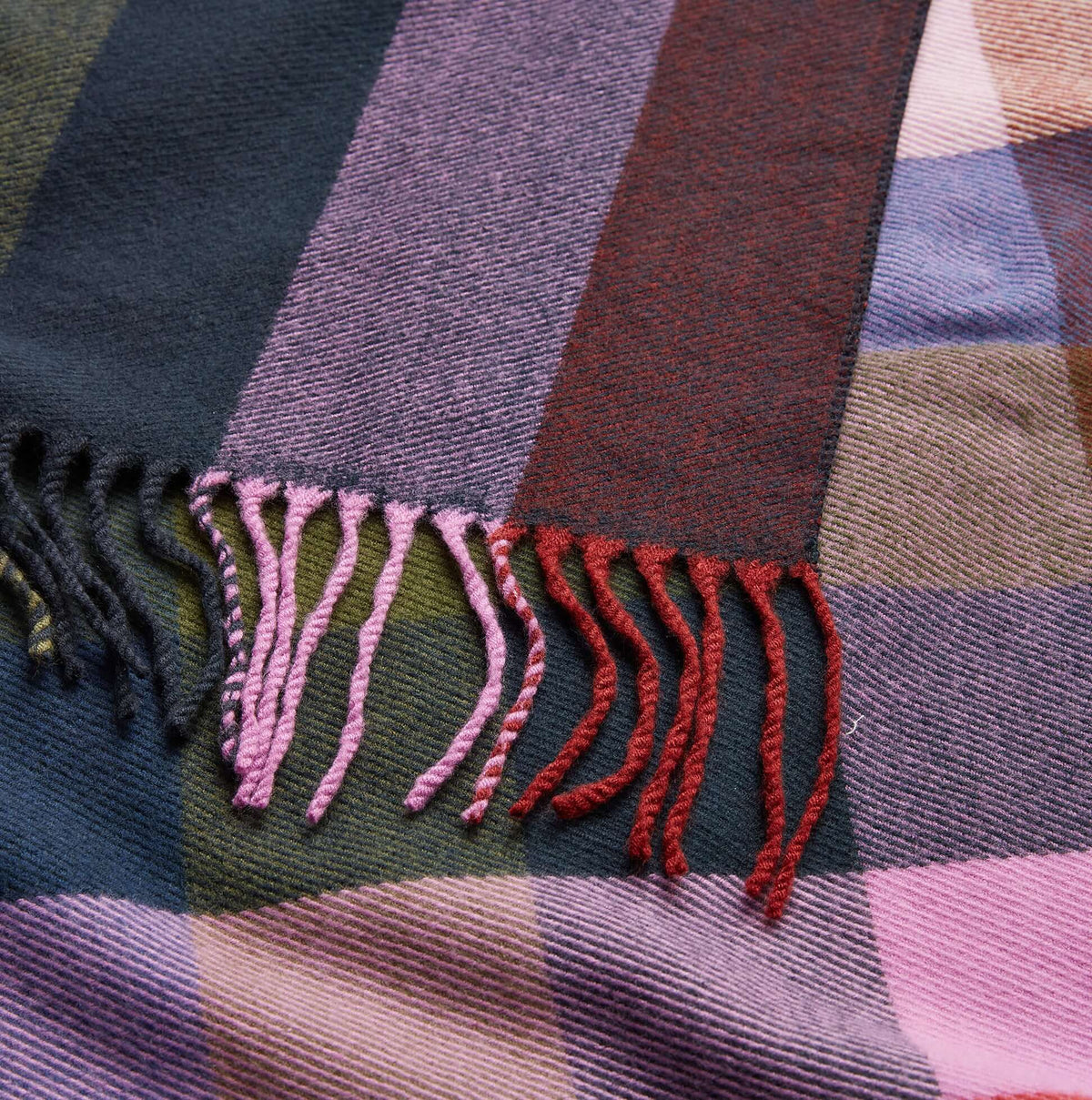 Joules LANGTREE Womens Winter Multi close-up view showcasing plaid pattern and fringes.