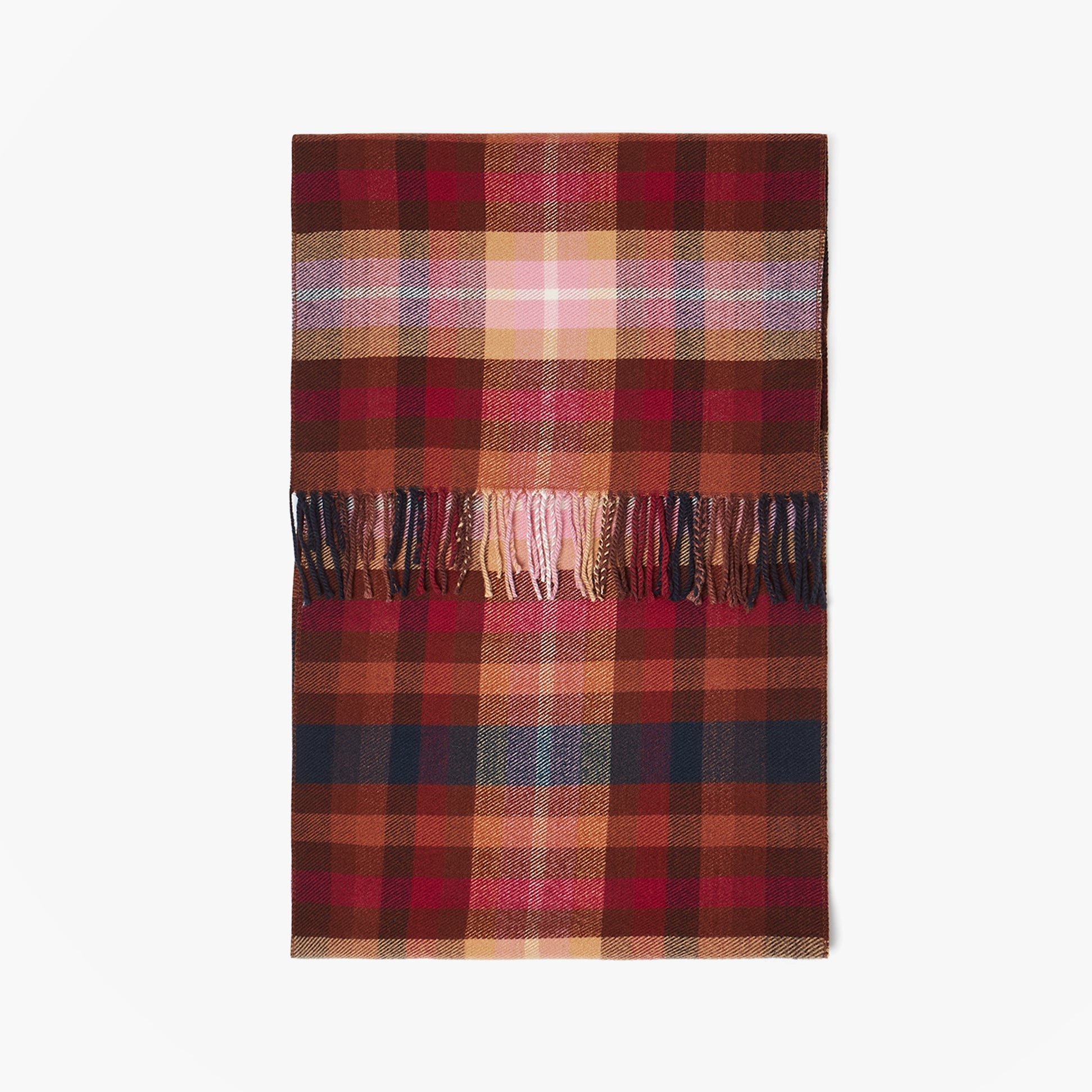 Joules LANGTREE Womens Winter Berry Red front view of a stylish plaid scarf with fringe details.