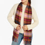 Joules LANGTREE Womens Winter Berry Red scarf detail view with model, featuring plaid pattern and fringed ends.