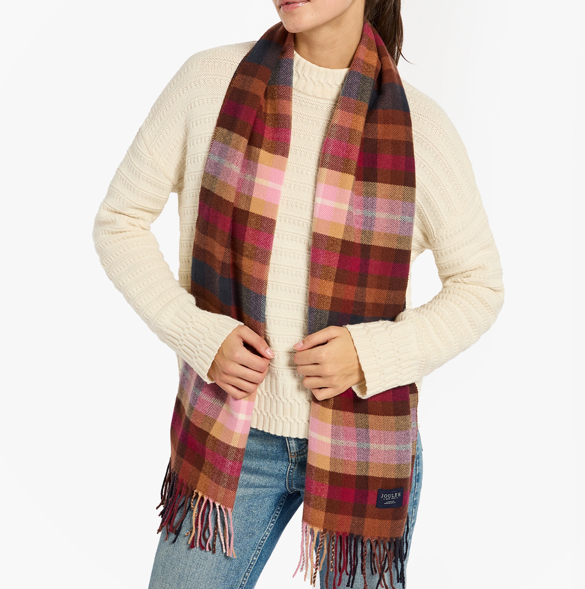 Joules LANGTREE Womens Winter Berry Red scarf detail view with model, featuring plaid pattern and fringed ends.