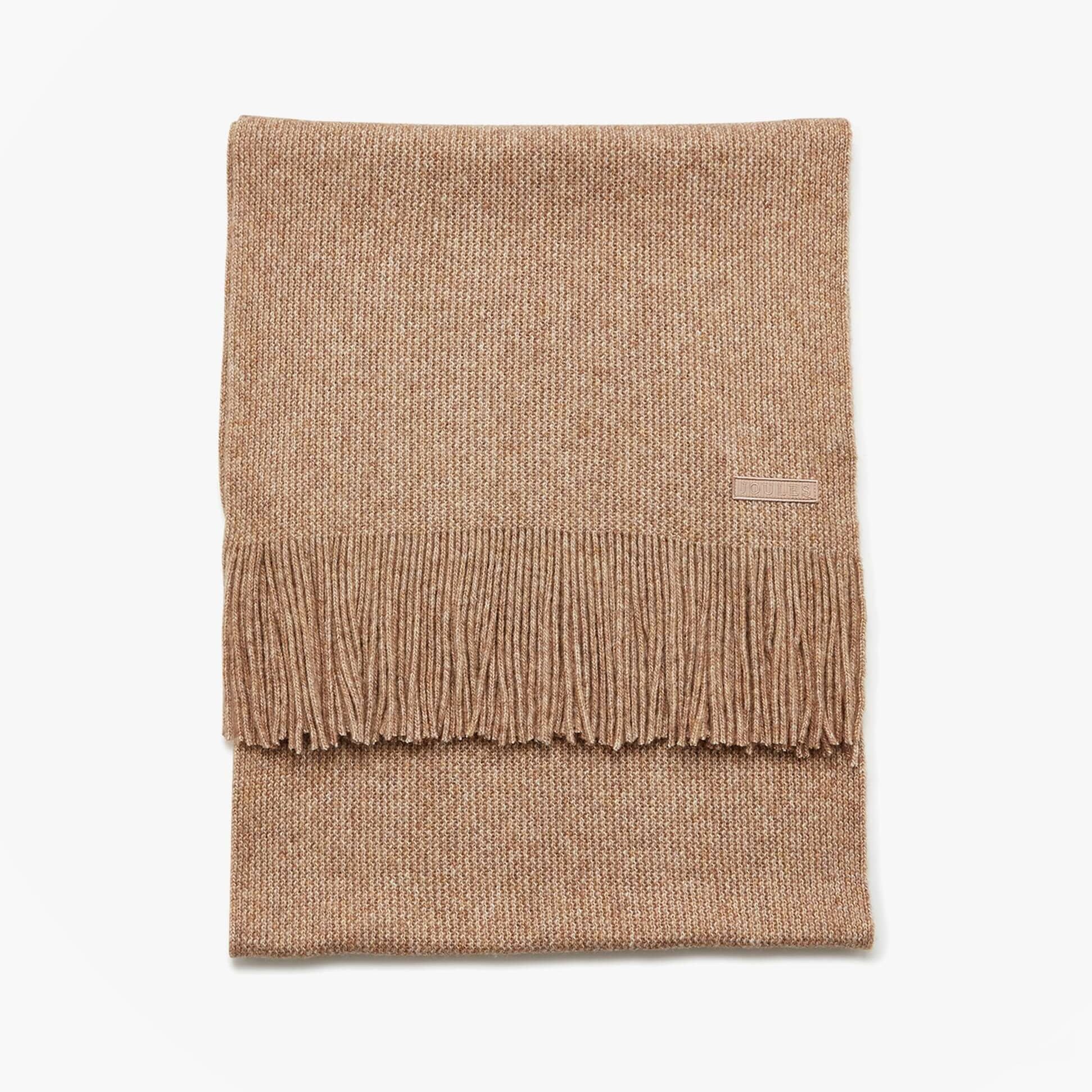 Joules ROSA Womens Winter Oatmeal front view of a cozy scarf featuring fringe detailing, made from recycled materials.