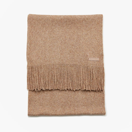 Joules ROSA Womens Winter Oatmeal front view of a cozy scarf featuring fringe detailing, made from recycled materials.