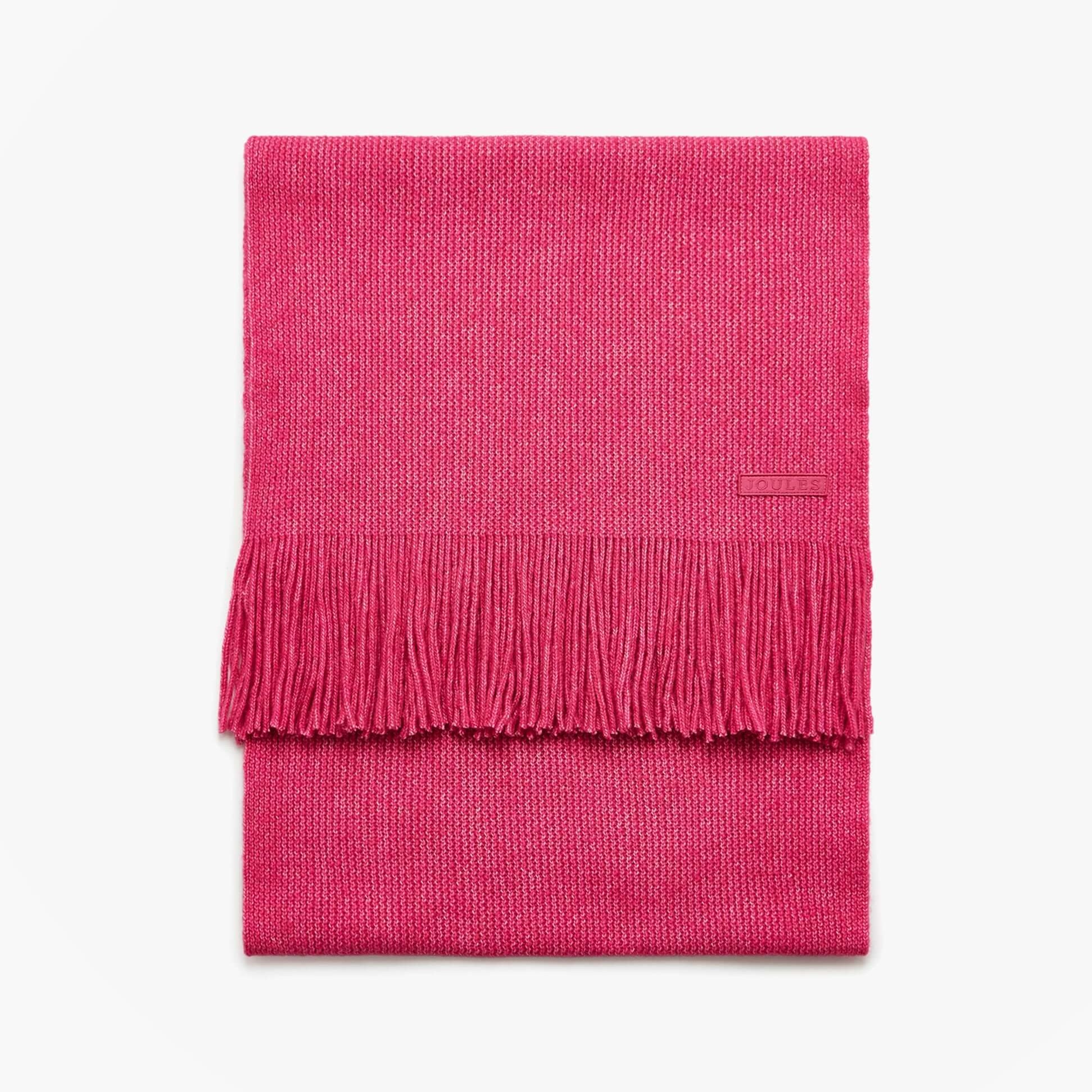 Joules ROSA Womens Winter Pink front view, soft knitted scarf with fringed edges, made from recycled materials.