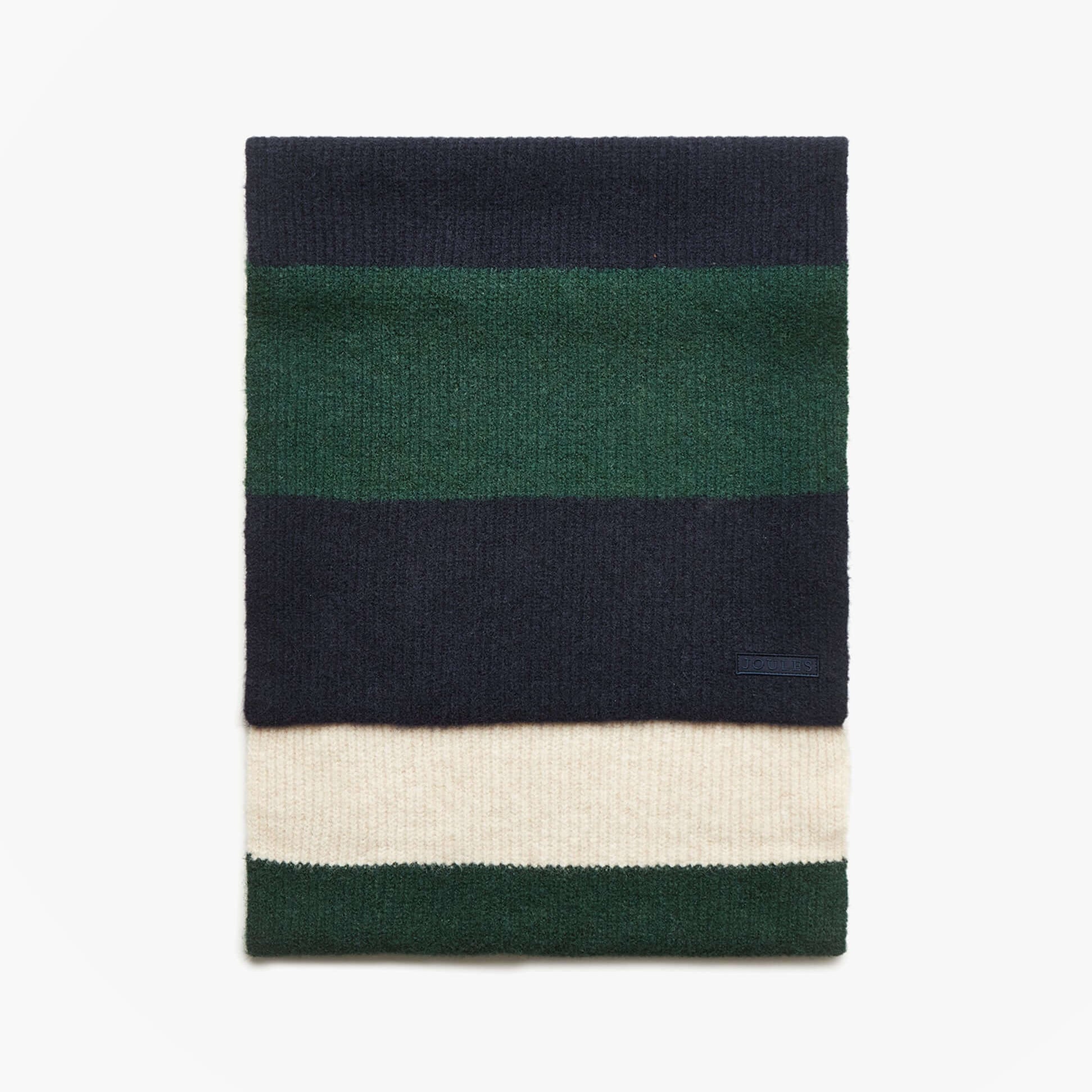 Joules POPLEY STRIPE Womens Winter Green/Blue front view striped scarf in green, navy, and cream colors.