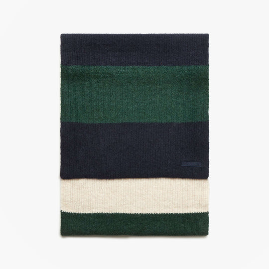Joules POPLEY STRIPE Womens Winter Green/Blue front view striped scarf in green, navy, and cream colors.