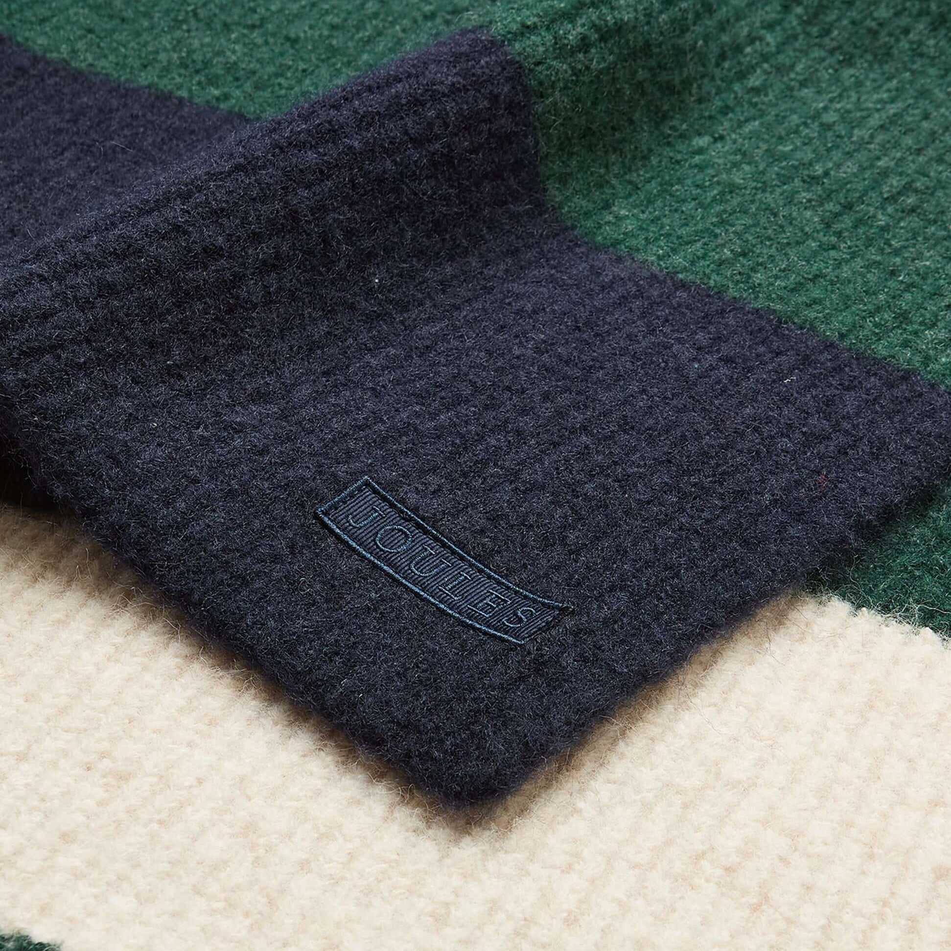 Joules POPLEY STRIPE Womens Winter Green/Blue detail view showcasing fabric texture and brand label.