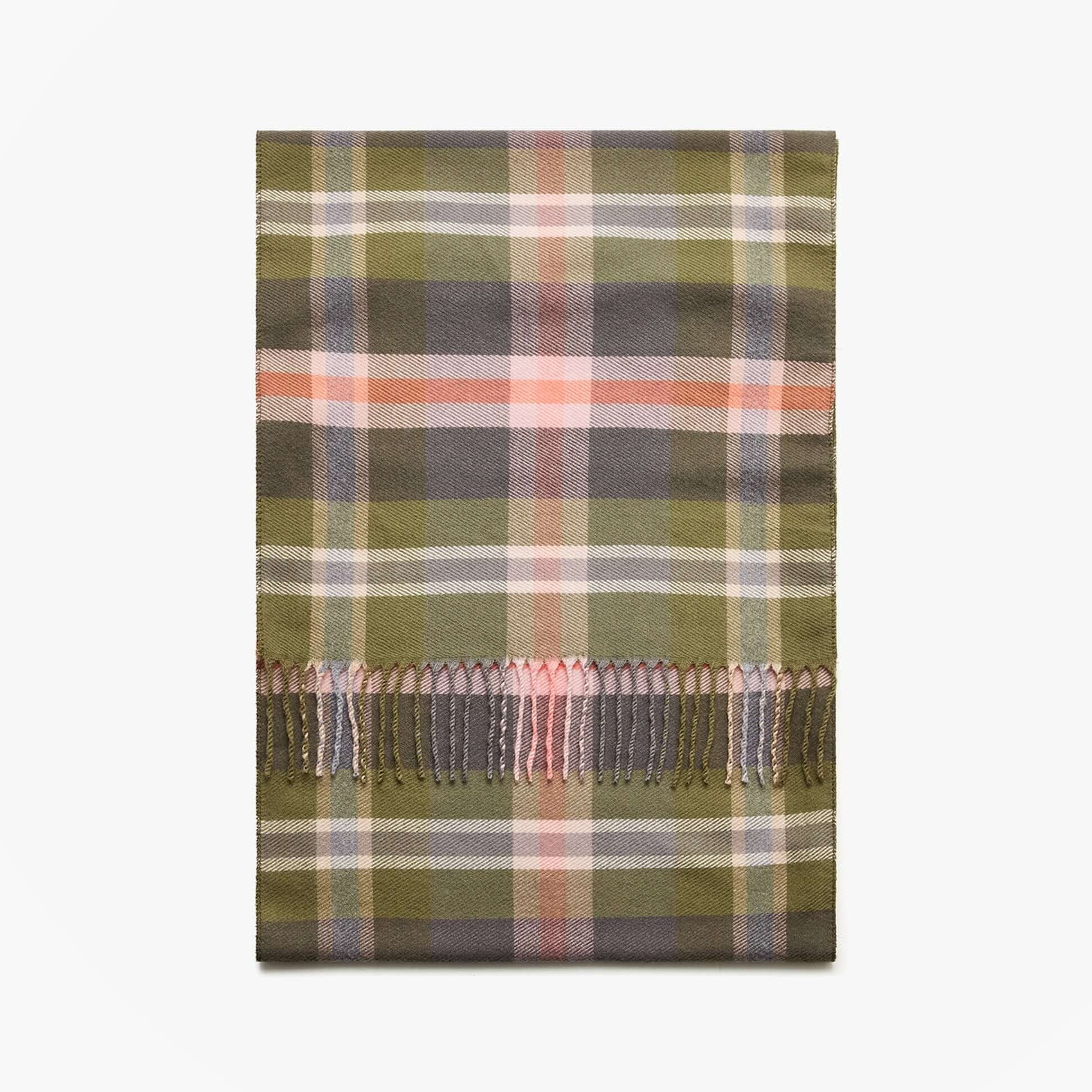 Joules LANGTREE Womens Winter Green/Pink front view of plaid patterned scarf with fringe detailing.
