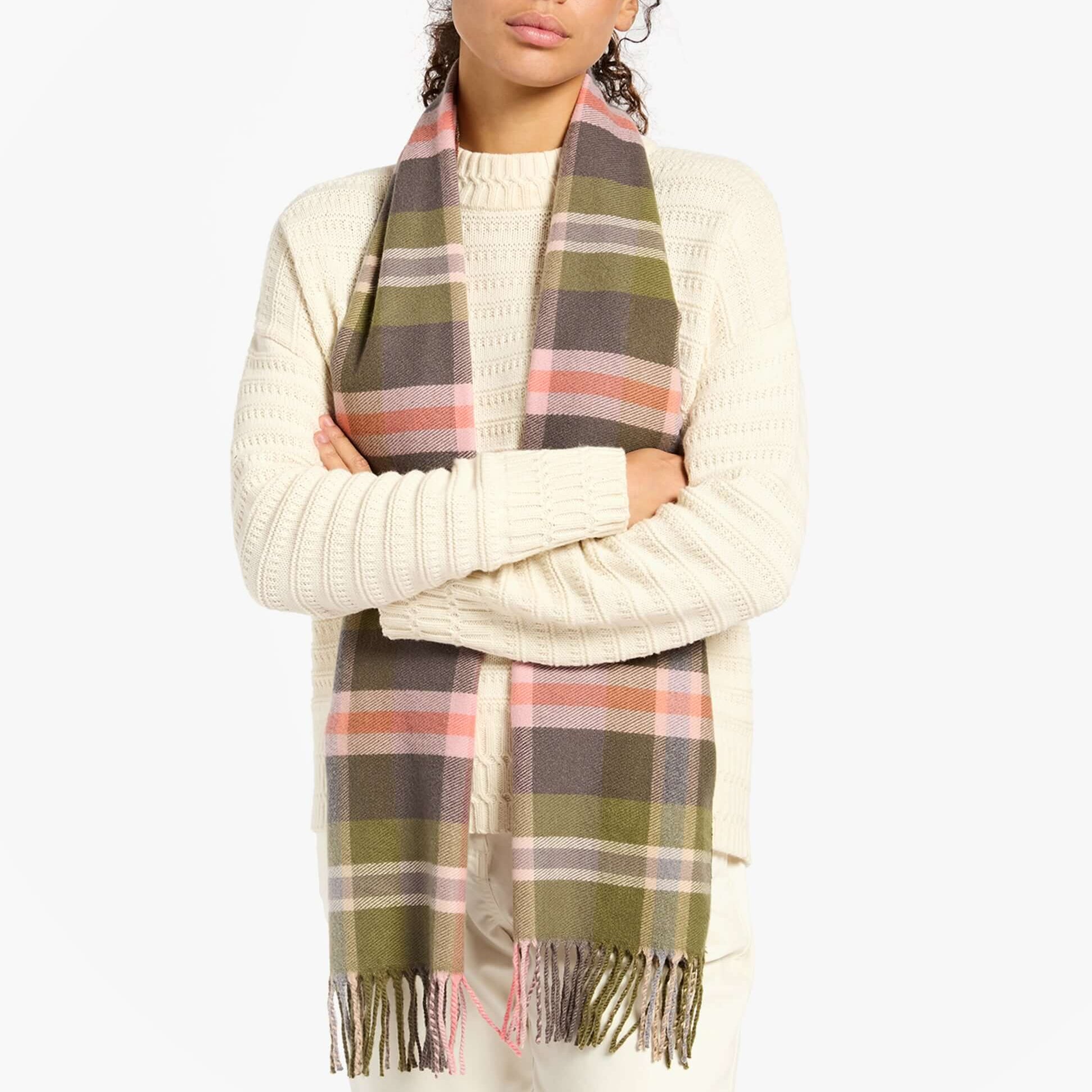 Joules LANGTREE Womens Winter Green/Pink front view of scarf worn with cream sweater.