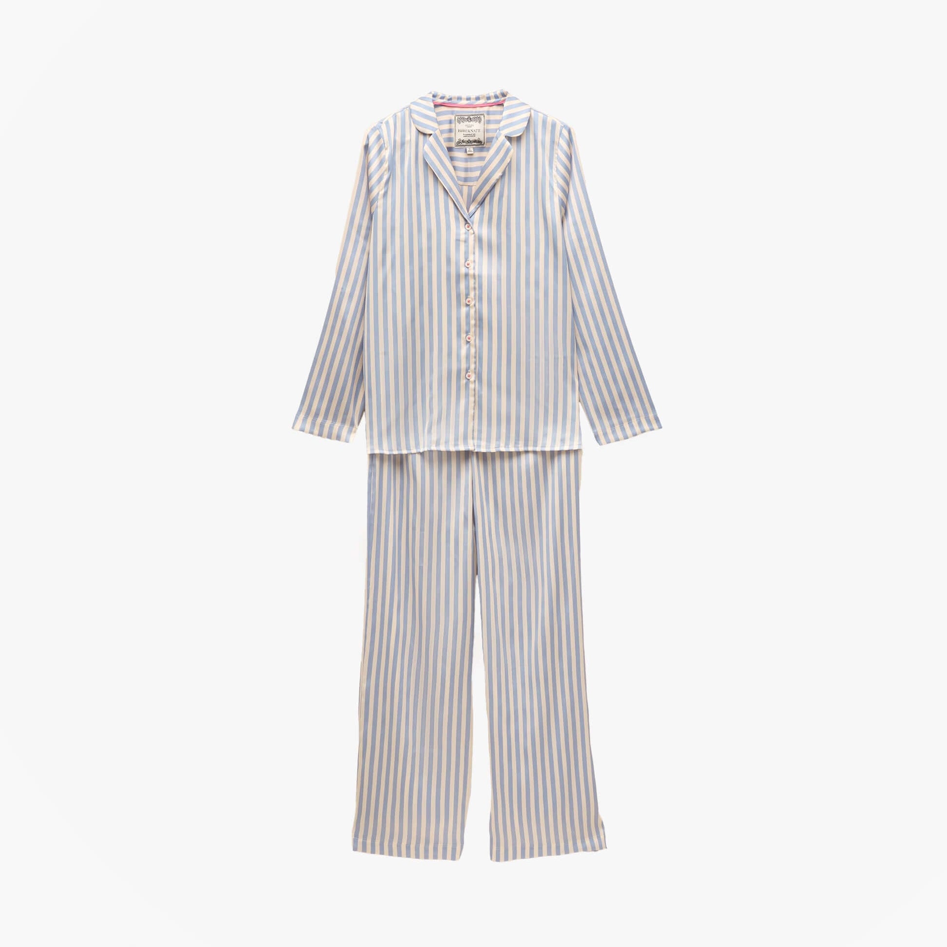 Joules BONNIE Womens Satin Pyjama Set Blue Stripe front view, featuring long sleeves and striped design.
