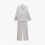 Joules BONNIE Womens Satin Pyjama Set Blue Stripe front view, featuring long sleeves and striped design.