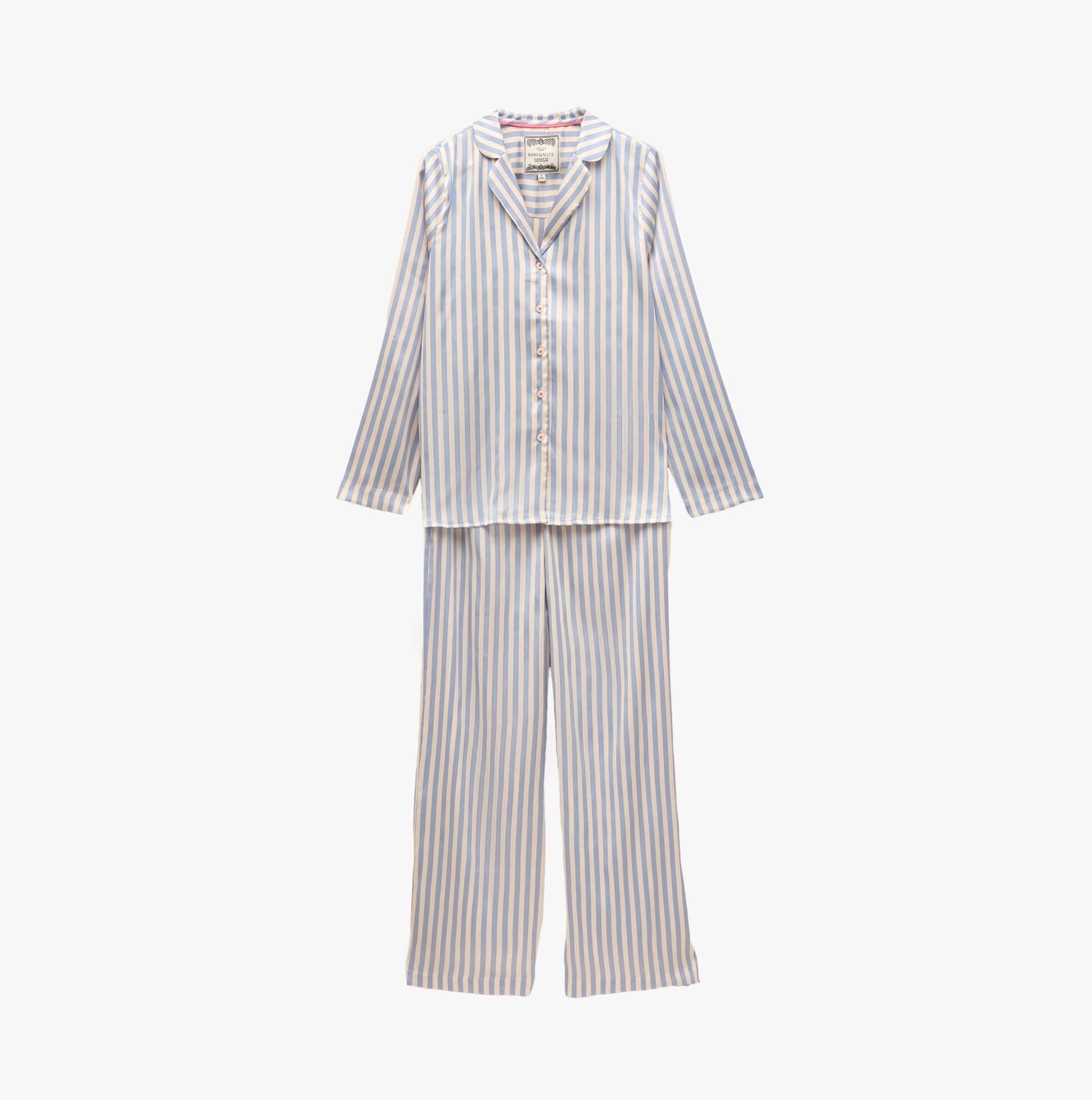 Joules BONNIE Womens Satin Pyjama Set Blue Stripe front view, featuring long sleeves and striped design.