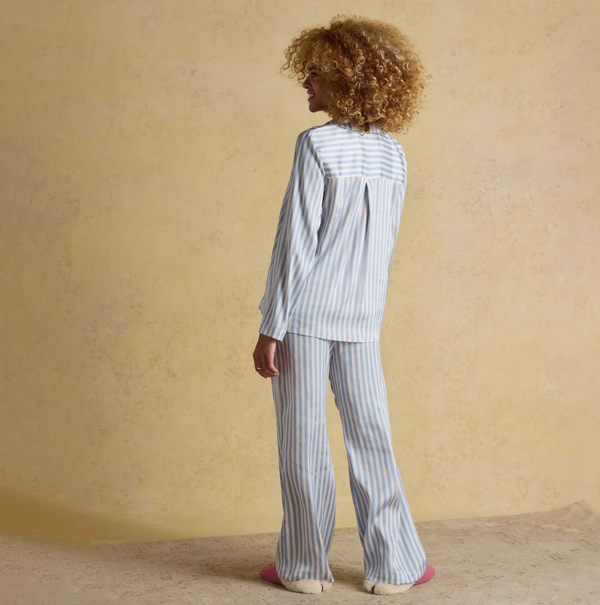 Joules BONNIE Womens Satin Pyjama Set Blue Stripe back view showcasing the comfortable fit and stylish design.