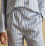 Joules BONNIE Womens Satin Pyjama Set Blue Stripe detail view showing lightweight striped fabric and elastic waistband.