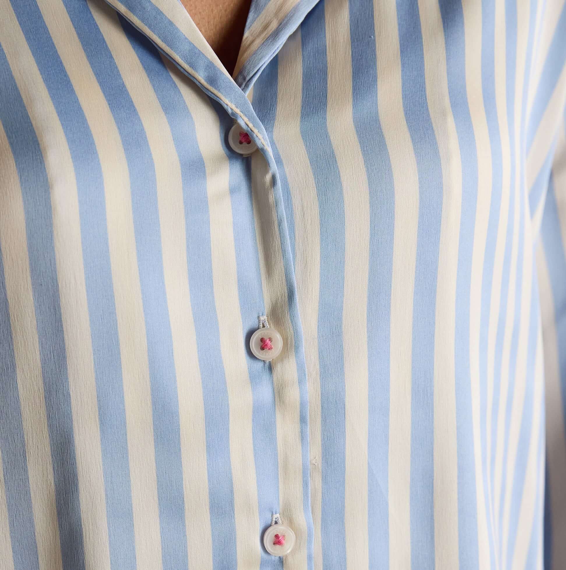Joules BONNIE Womens Satin Pyjama Set Blue Stripe detail view of shirt fabric and buttons