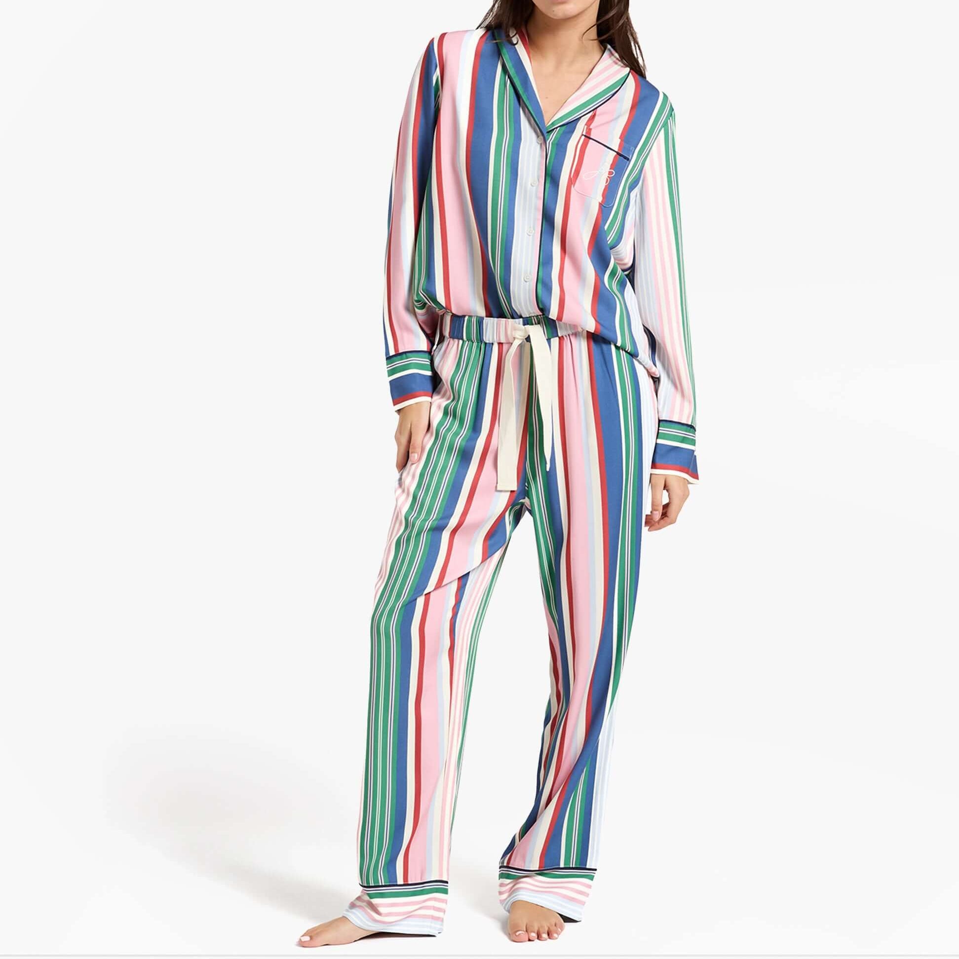Joules ALMA Womens Pyjama Set Multi front view showcasing vibrant striped design and relaxed fit.