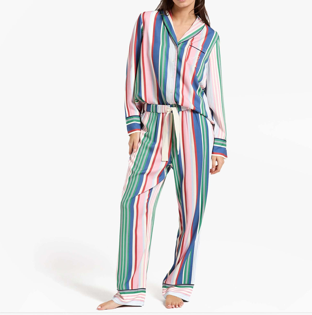 Joules ALMA Womens Pyjama Set Multi front view showcasing vibrant striped design and relaxed fit.