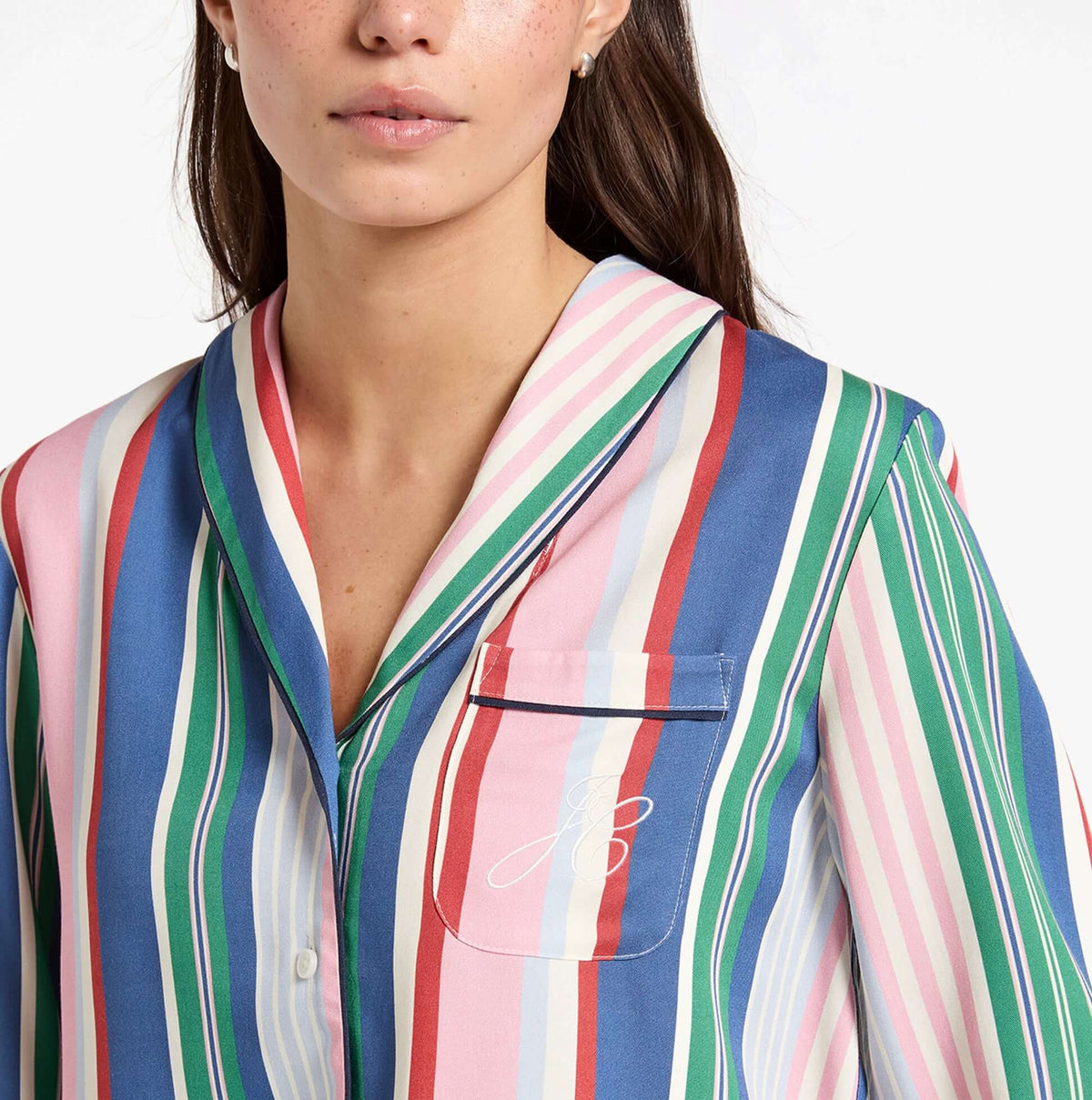 Joules ALMA Womens Pyjama Set Multi front view featuring colorful striped pattern and embroidered pocket.