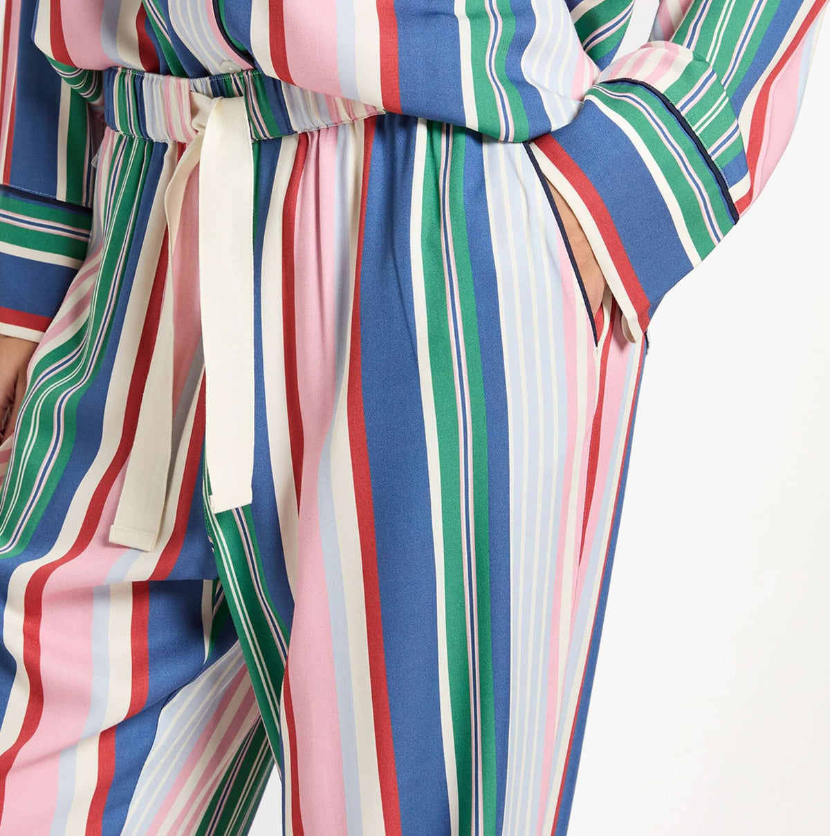 Joules ALMA Womens Pyjama Set Multi detail view showcasing vibrant stripes and relaxed fit with waistband.
