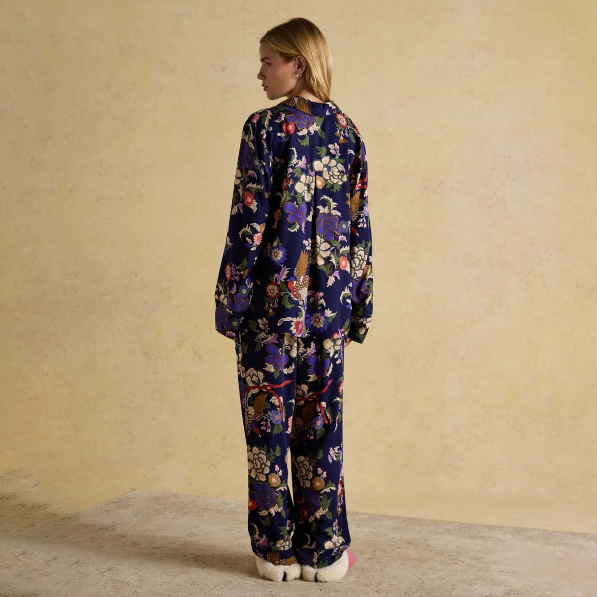 Joules ALMA Womens Pyjama Set Navy Floral back view showing floral pattern and long sleeves.