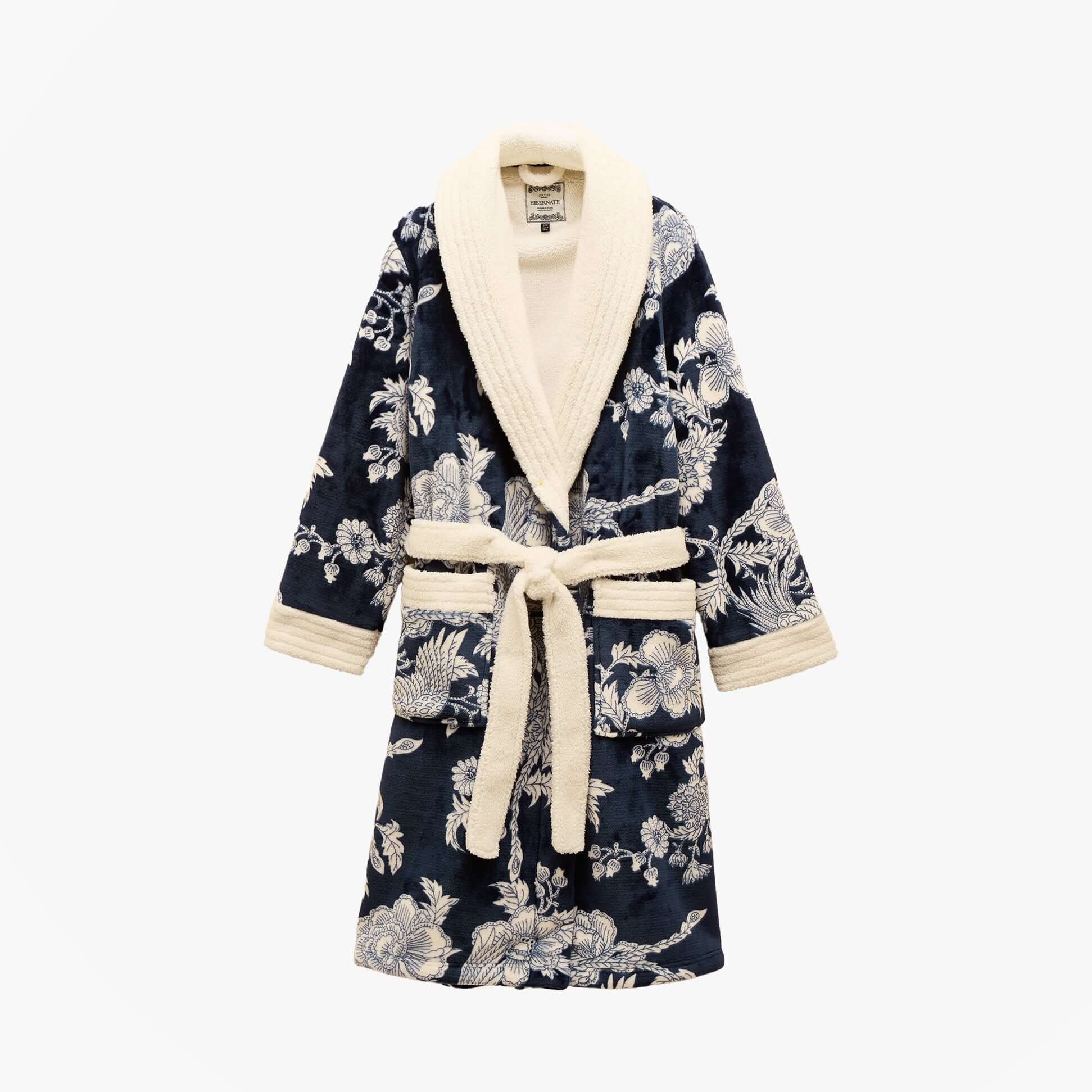 Joules MATILDA Womens Robe Navy front view showcasing floral design and cream collar with belt