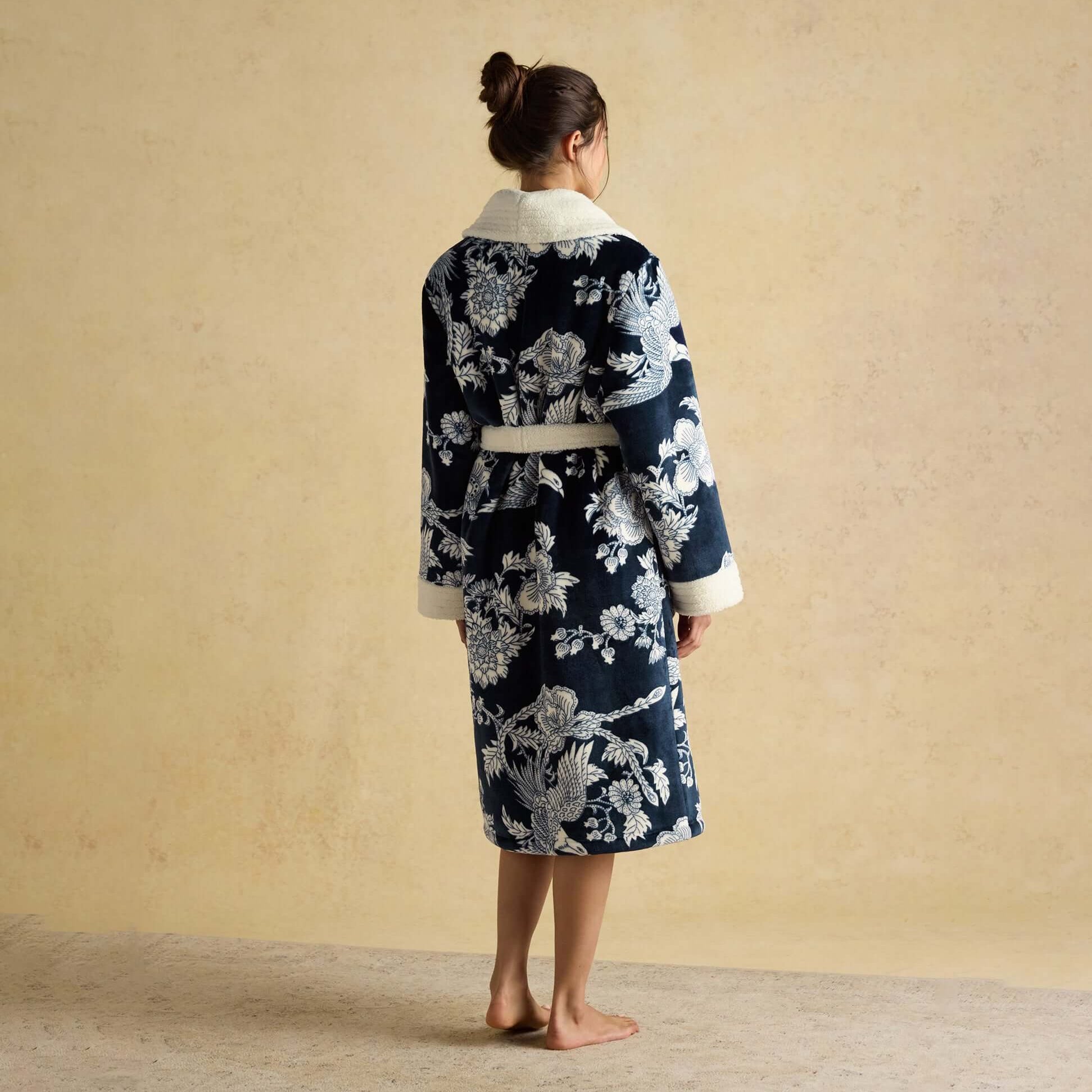 Joules MATILDA Womens Robe Navy back view with floral pattern and cozy collar