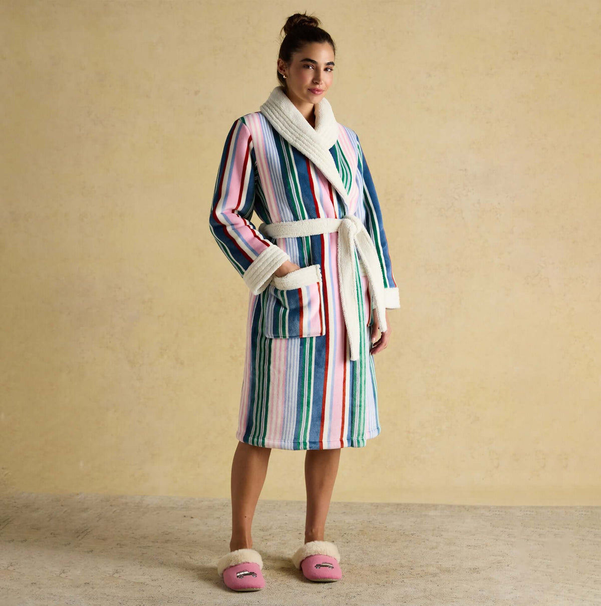 Joules MATILDA Womens Robe Multi, front view in colorful striped design with long sleeves and belt.