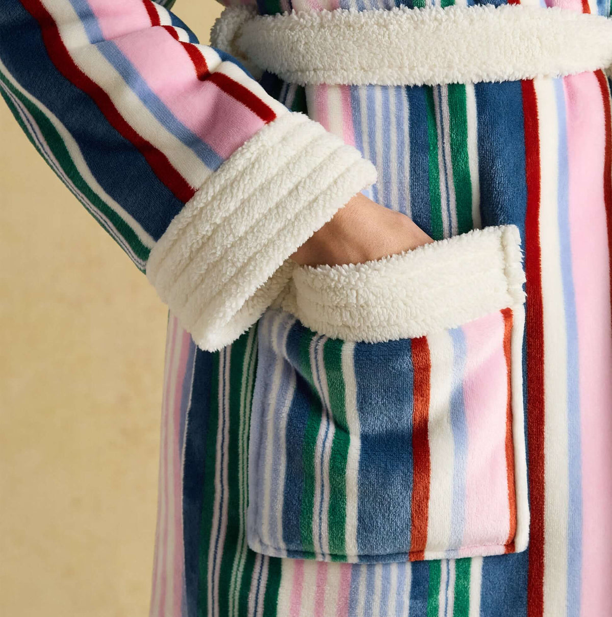 Joules MATILDA Womens Robe Multi detail view showcasing soft fabric and vibrant striped design with pockets.