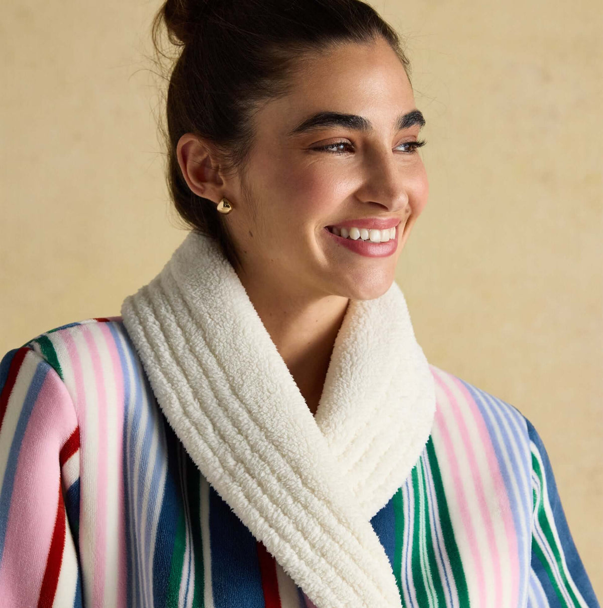 Joules MATILDA Womens Robe Multi front view highlighting colorful stripes and soft collar detail.
