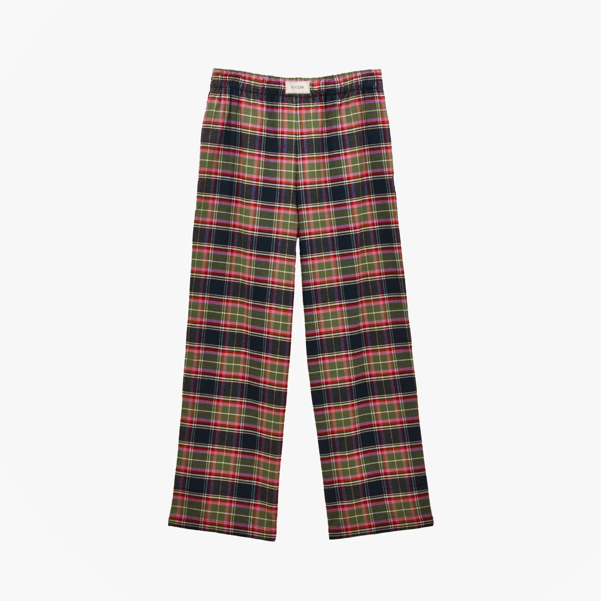 Joules STELLA Womens Pyjama Bottoms Navy/Khaki front view, relaxed fit, 100% cotton, featuring a stylish plaid design.