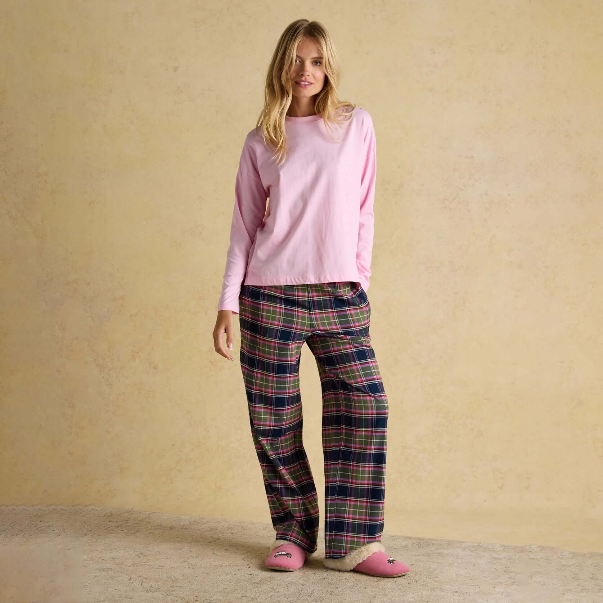 Joules STELLA Womens Pyjama Bottoms Navy/Khaki front view, relaxed fit, 100% cotton, ideal for loungewear.