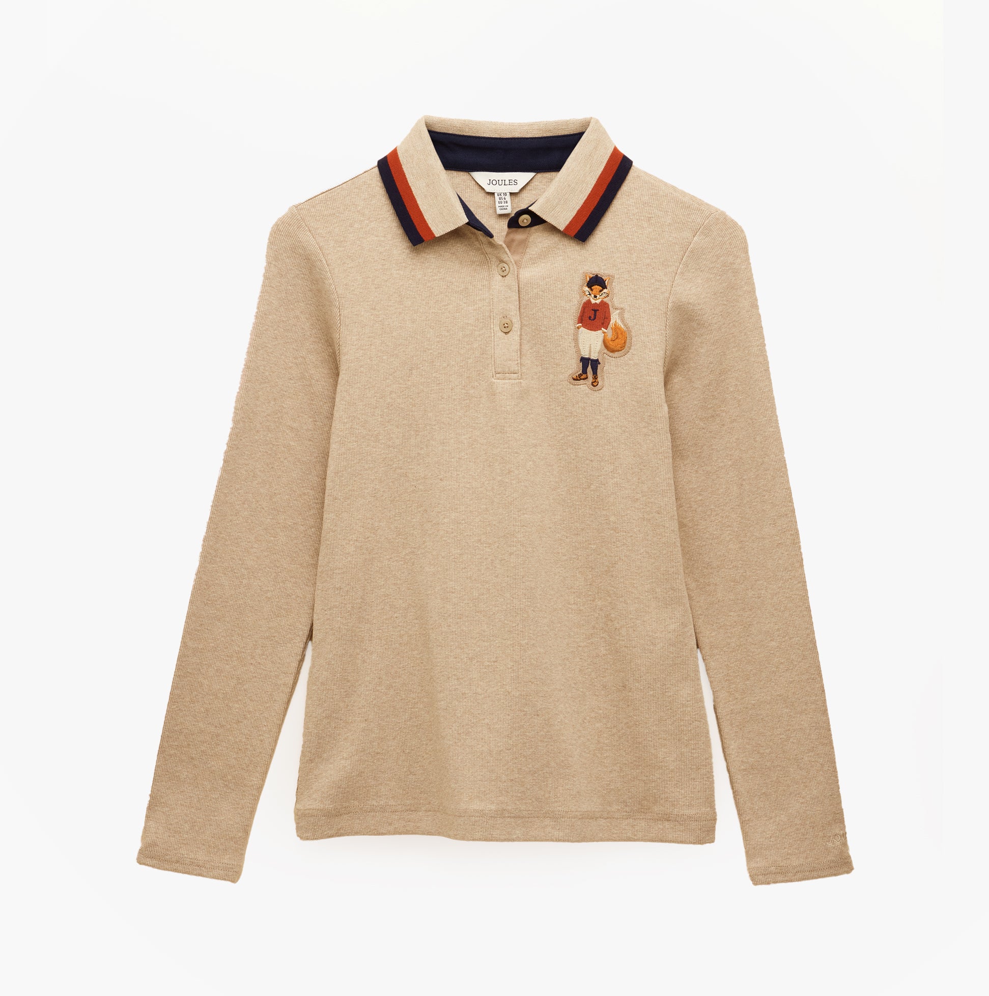 Joules FAIRFIELD JONTY Womens Polo Shirt Neutral front view featuring long sleeves and embroidered detail.