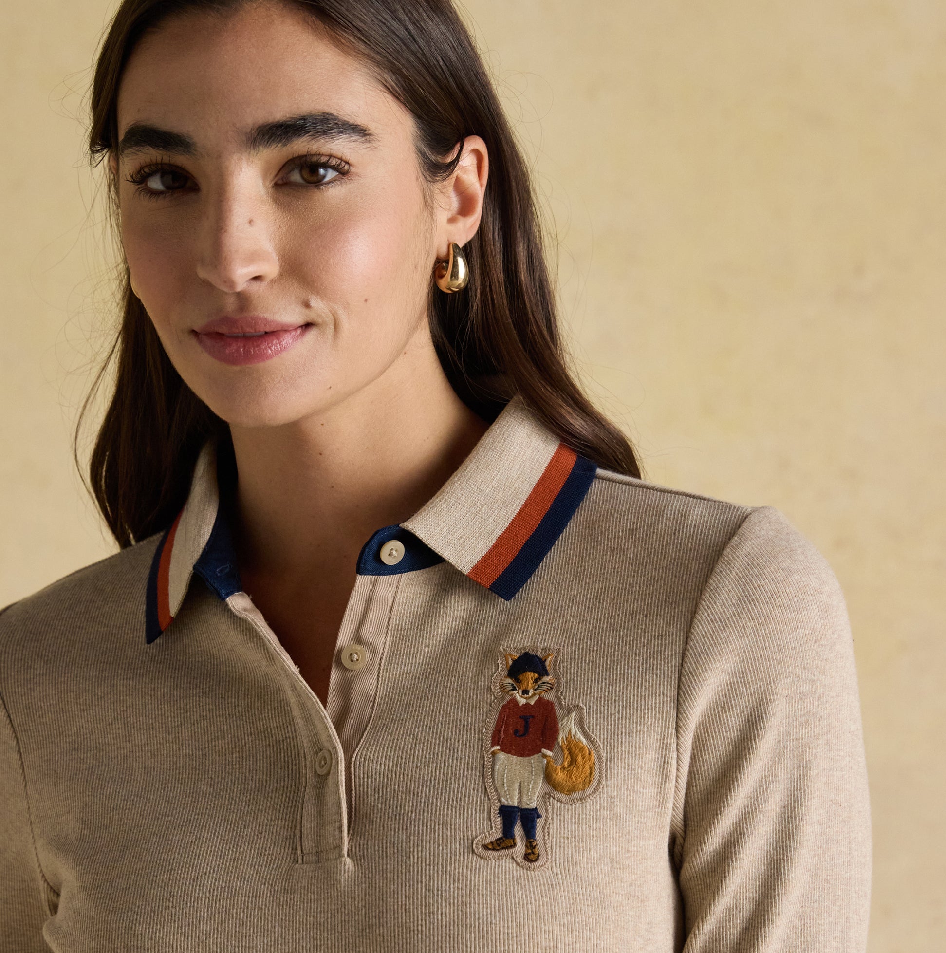 Joules FAIRFIELD JONTY Womens Polo Shirt Neutral detail view, featuring embroidered design and contrasting collar.